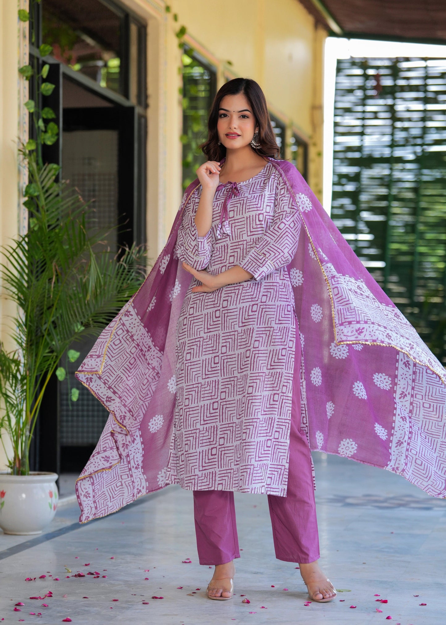 Dusky Purple Printed Cotton Suit Set with Mulmul Dupatta