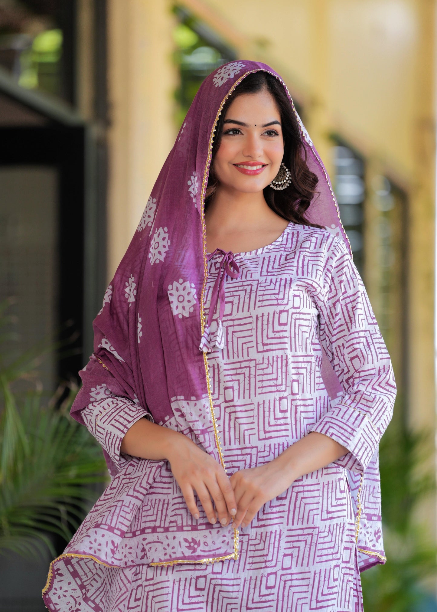 Dusky Purple Printed Cotton Suit Set with Mulmul Dupatta