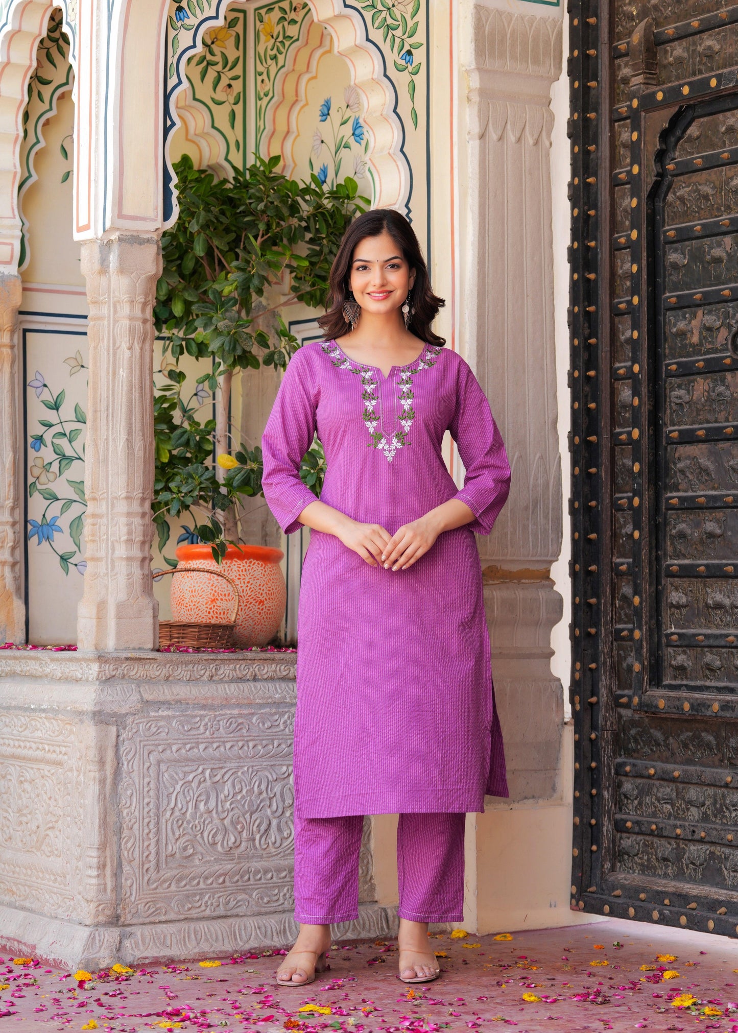 Purple Embroidered Katha Cotton Suit Set with Dupatta