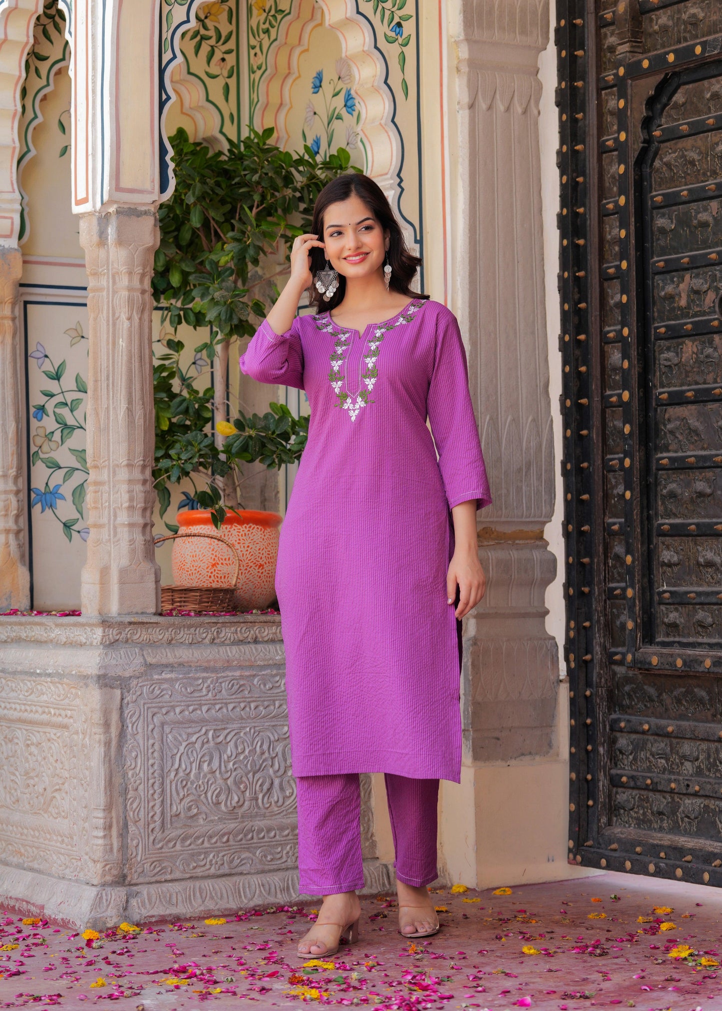 Purple Embroidered Katha Cotton Suit Set with Dupatta