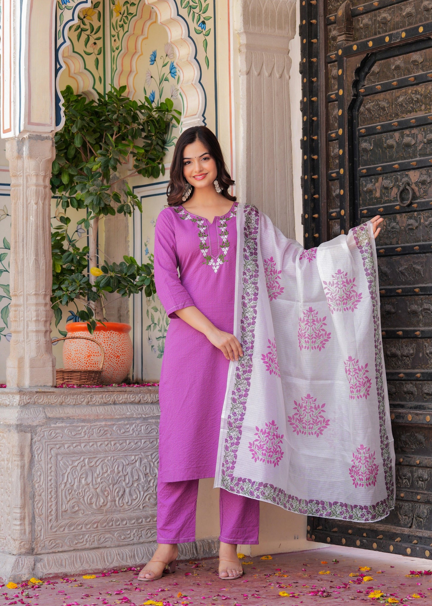 Purple Embroidered Katha Cotton Suit Set with Dupatta