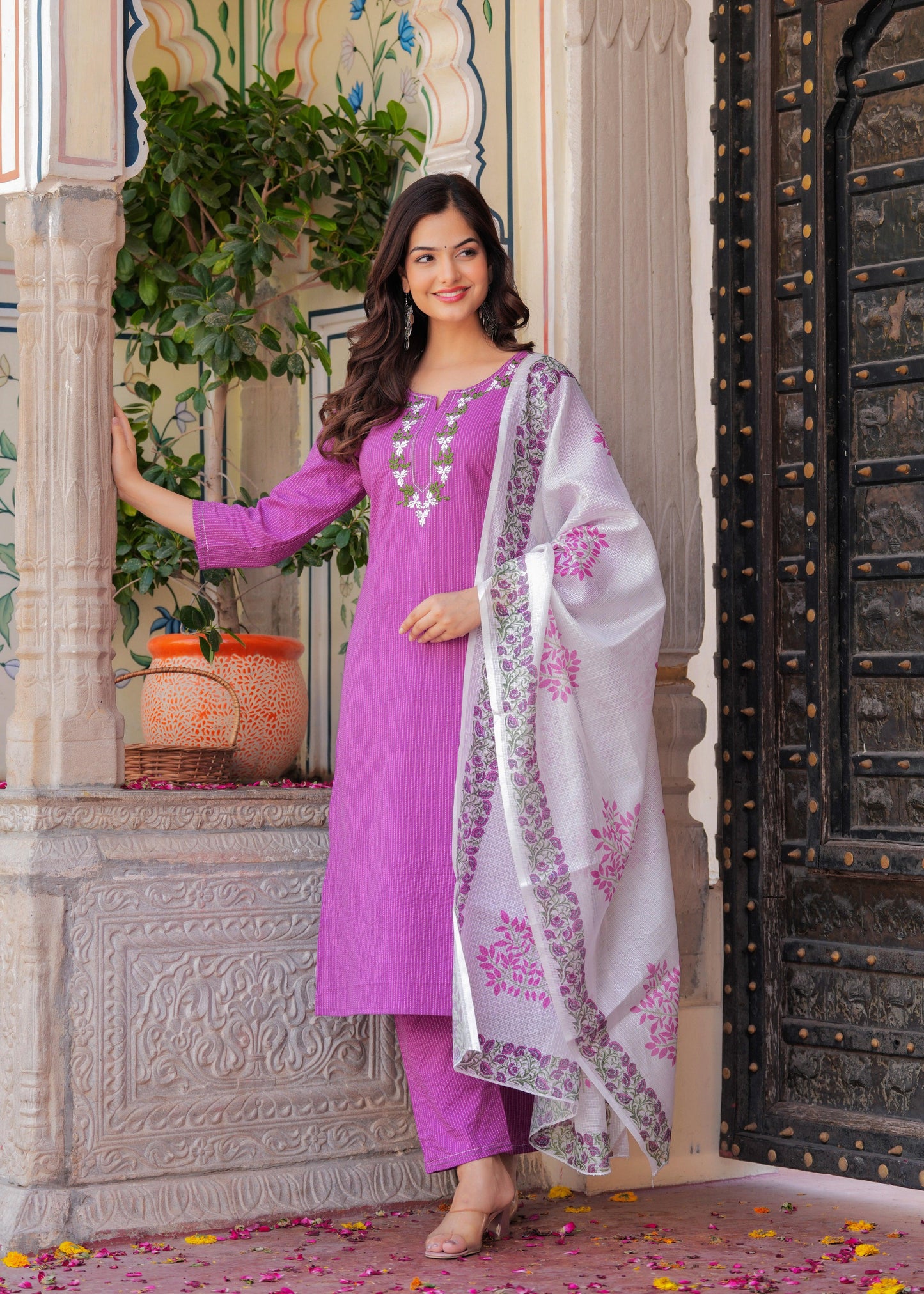 Purple Embroidered Katha Cotton Suit Set with Dupatta