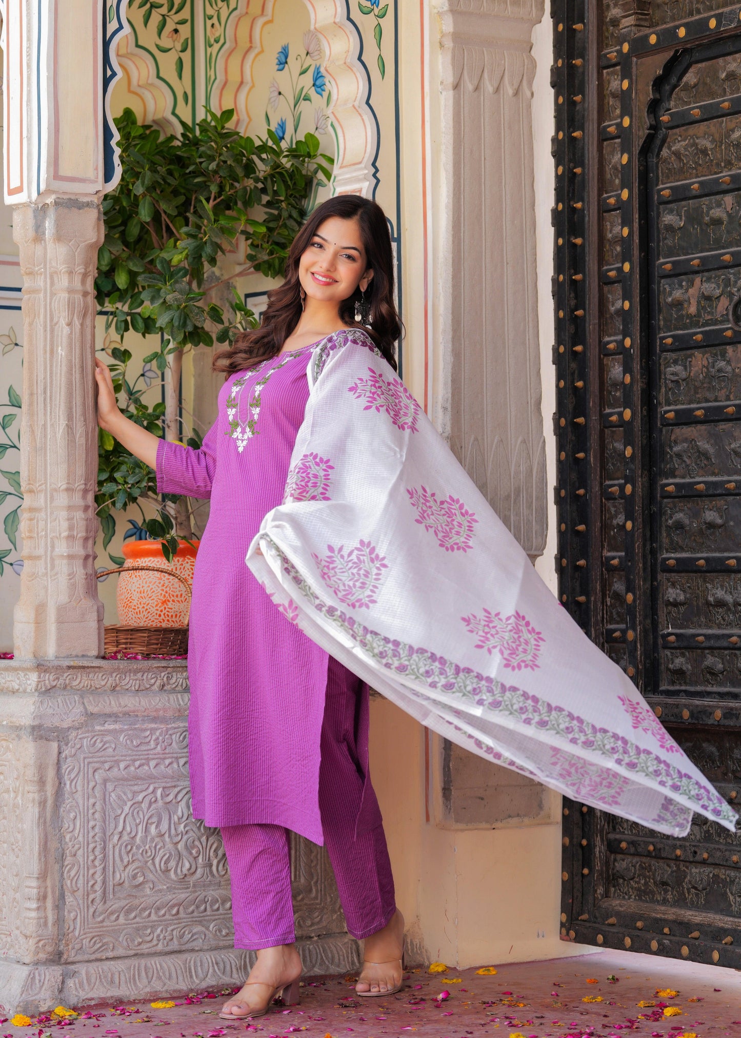 Purple Embroidered Katha Cotton Suit Set with Dupatta