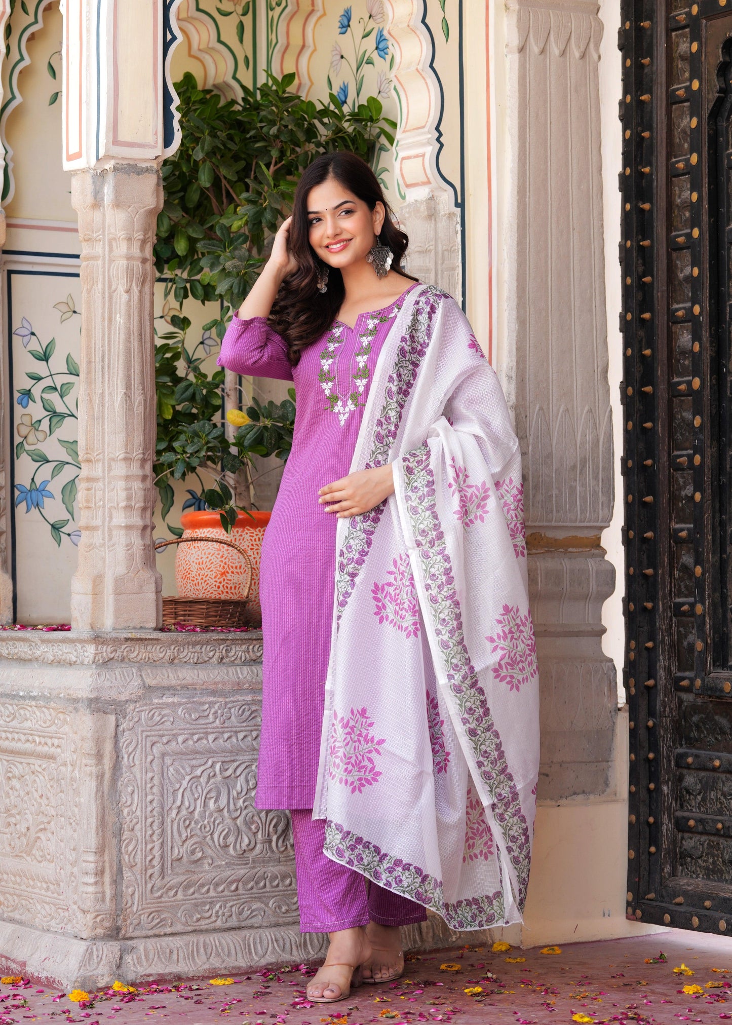 Purple Embroidered Katha Cotton Suit Set with Dupatta