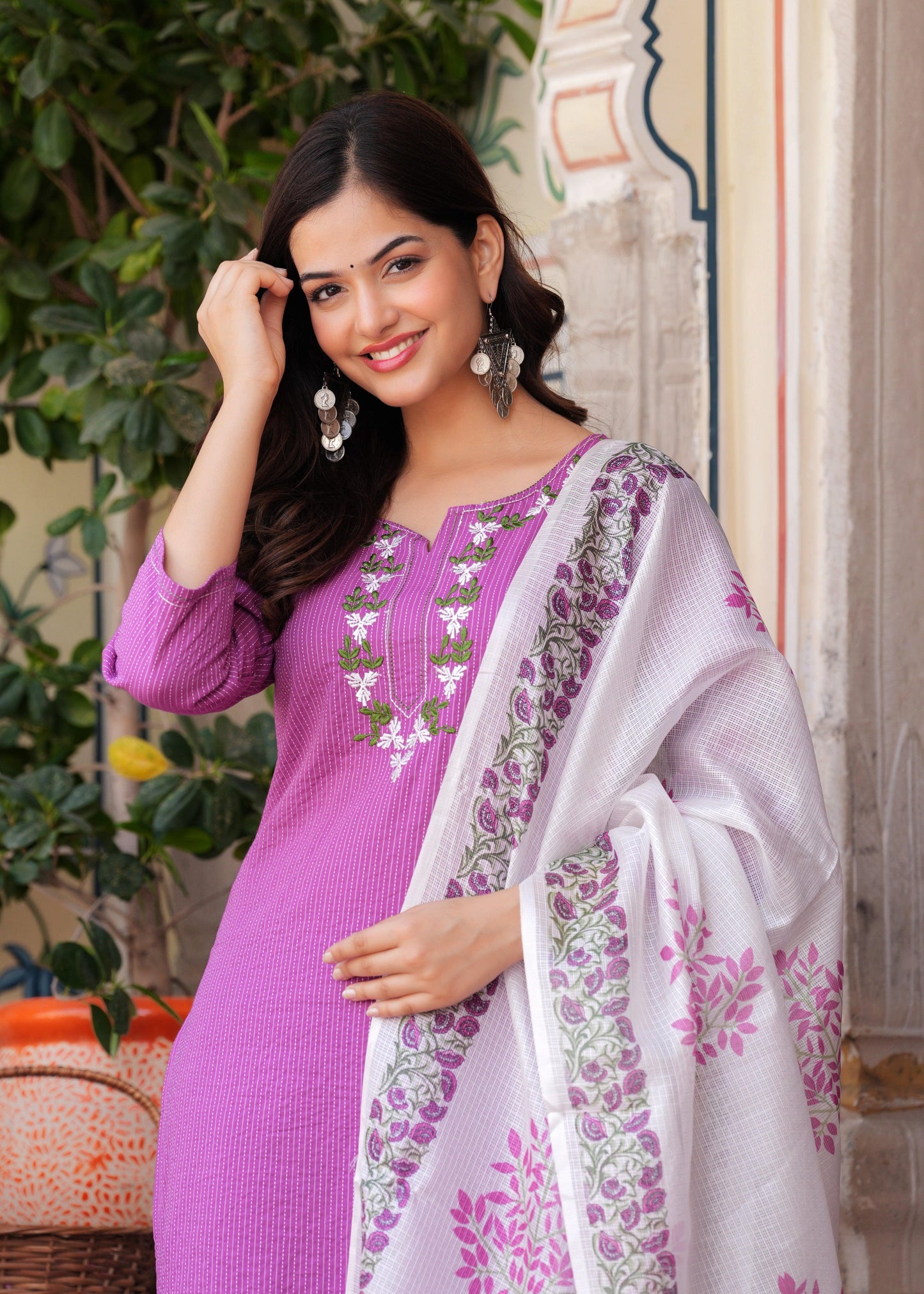 Purple Embroidered Katha Cotton Suit Set with Dupatta