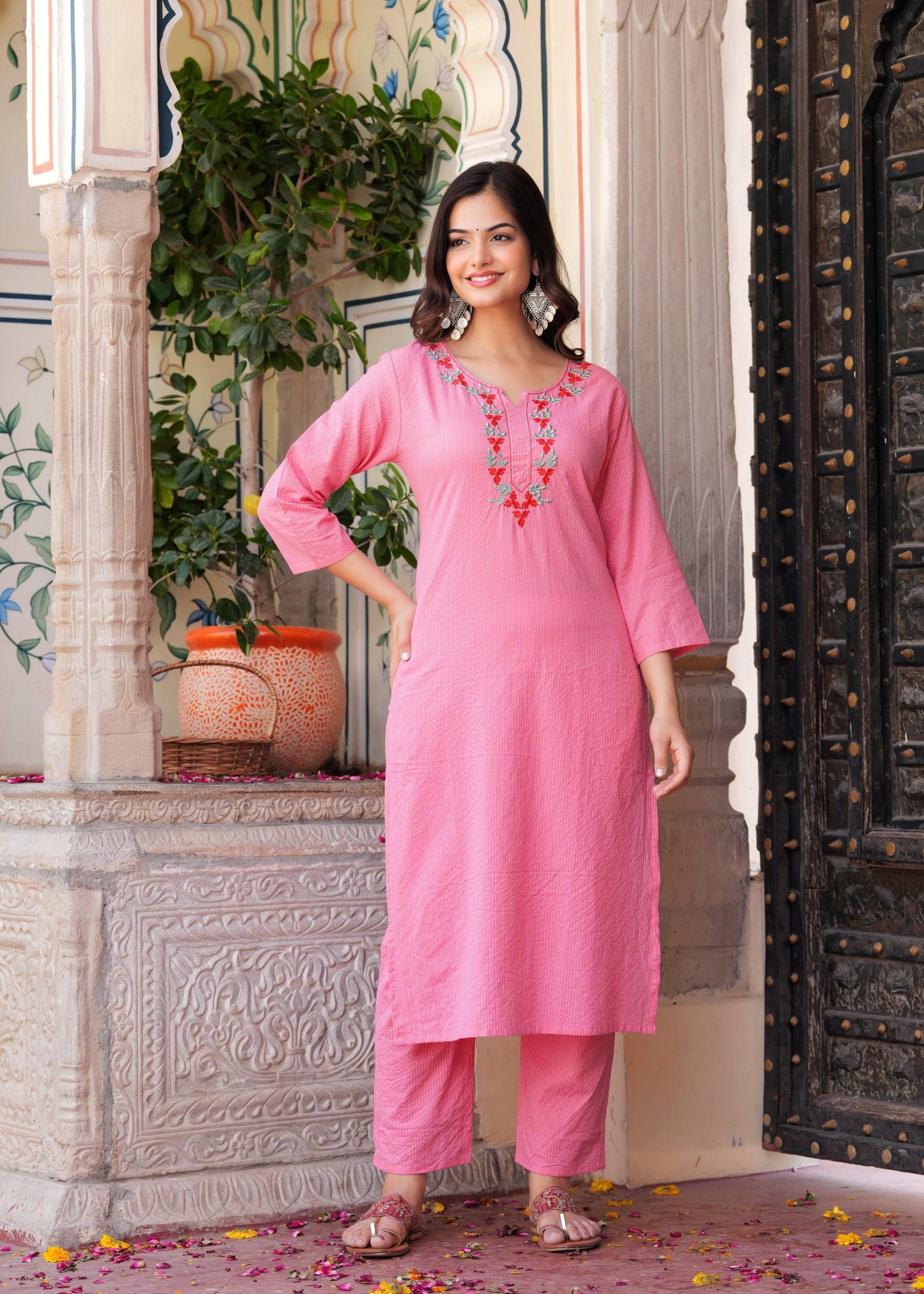 Peach Embroidered Katha Cotton Kurta Set with Dupatta