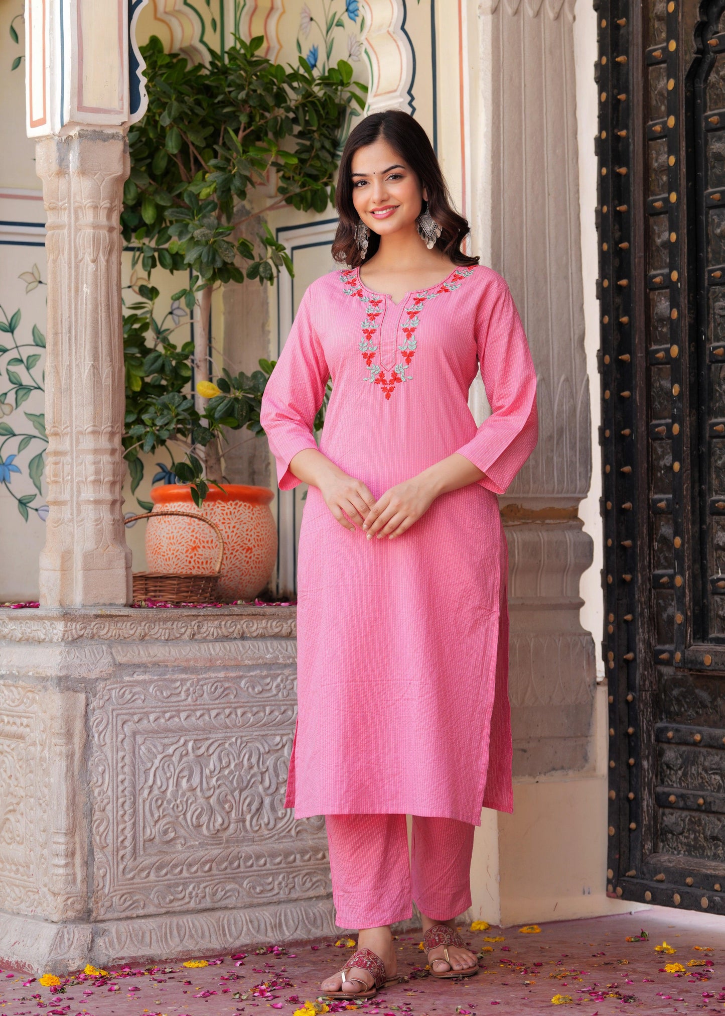 Peach Embroidered Katha Cotton Kurta Set with Dupatta