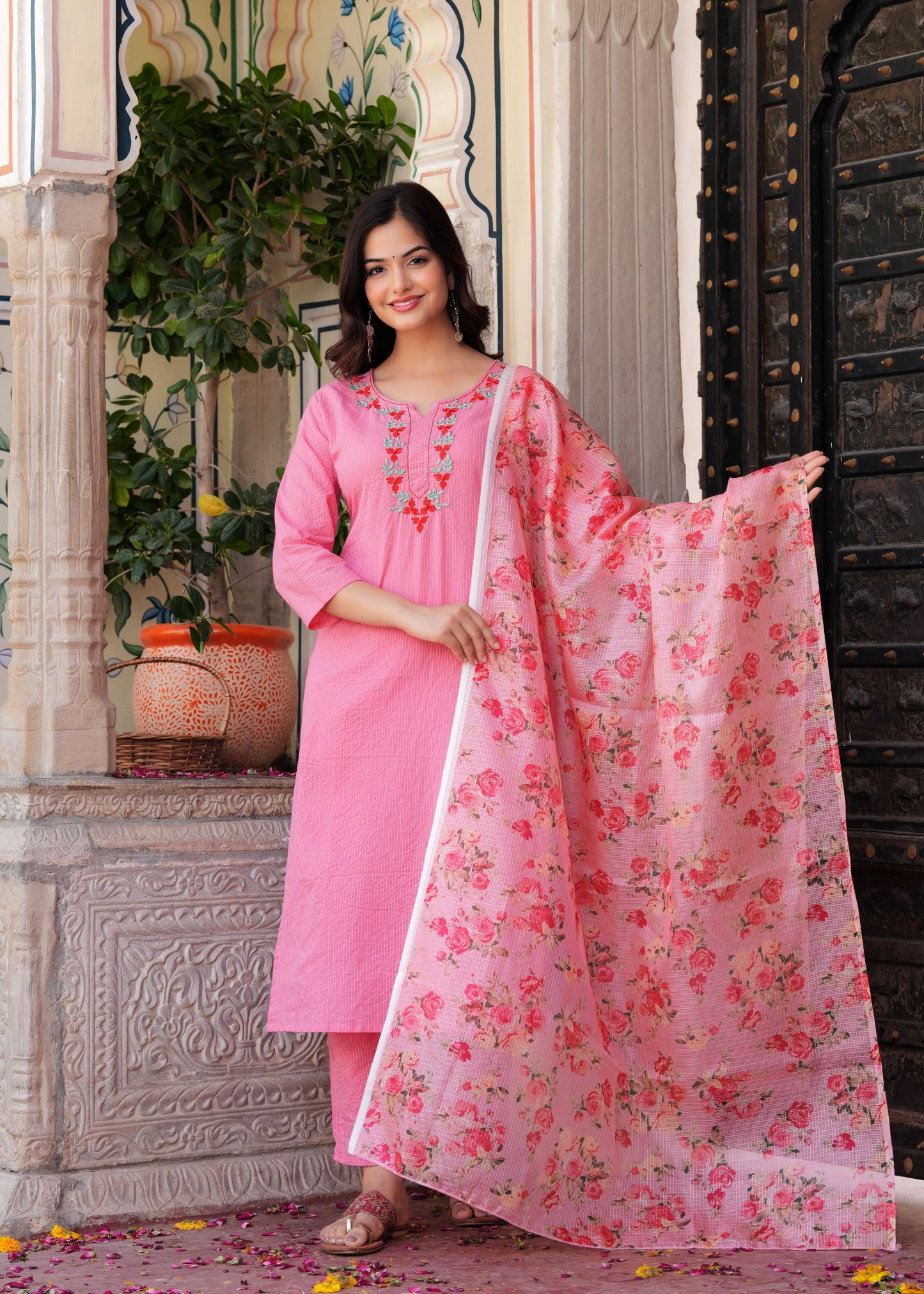 Peach Embroidered Katha Cotton Kurta Set with Dupatta