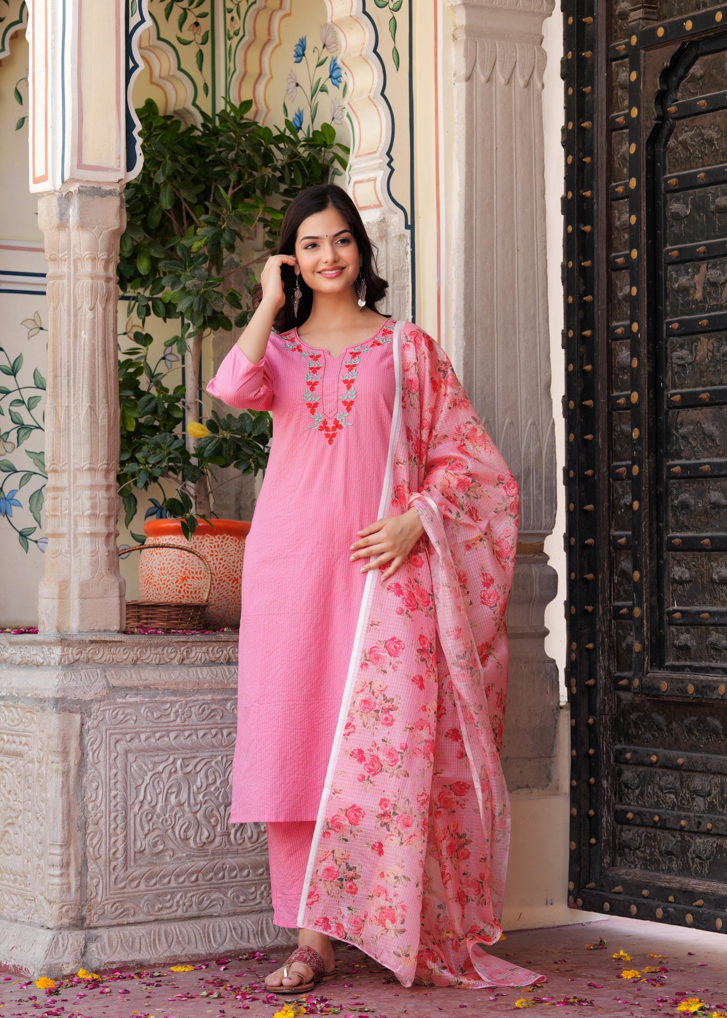 Peach Embroidered Katha Cotton Kurta Set with Dupatta