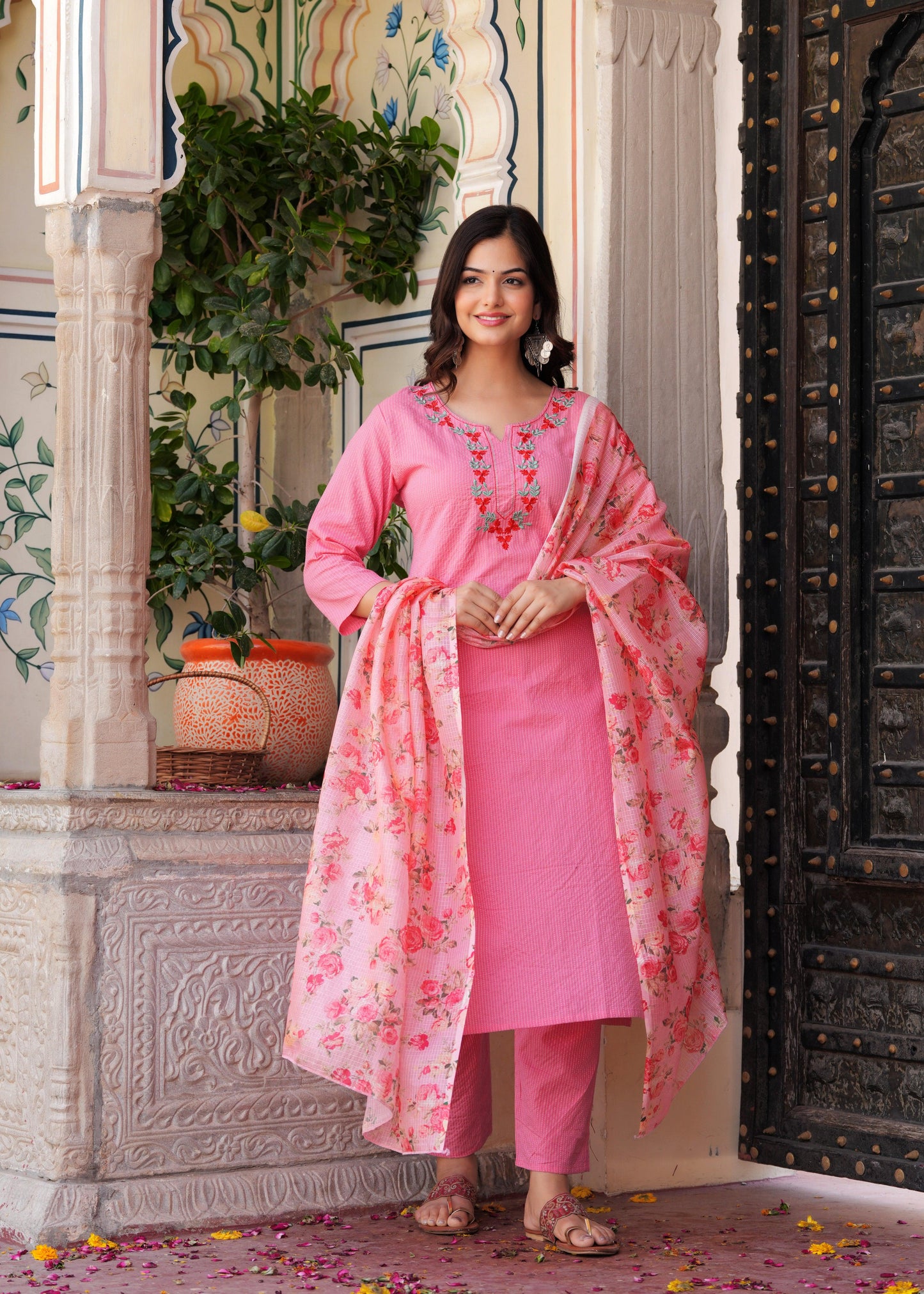 Peach Embroidered Katha Cotton Kurta Set with Dupatta