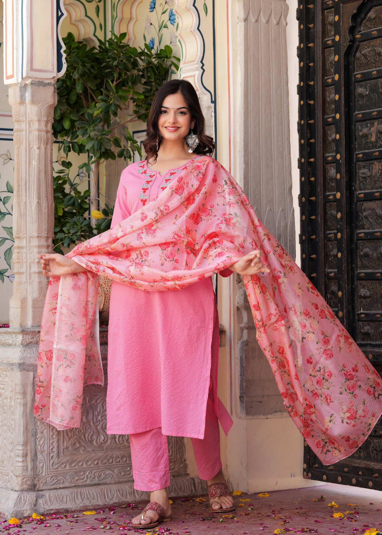 Peach Embroidered Katha Cotton Kurta Set with Dupatta