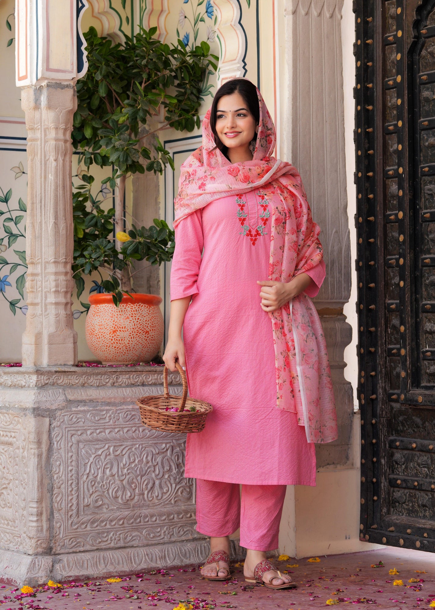 Peach Embroidered Katha Cotton Kurta Set with Dupatta