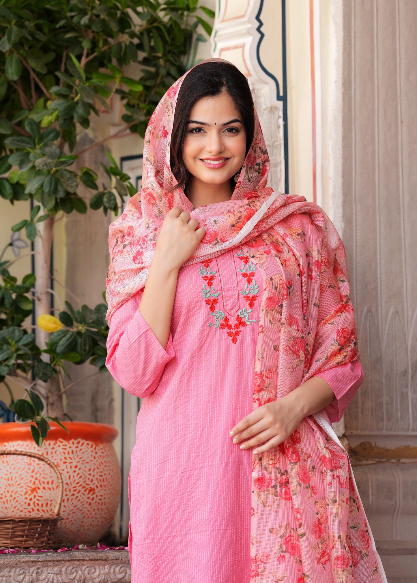 Peach Embroidered Katha Cotton Kurta Set with Dupatta