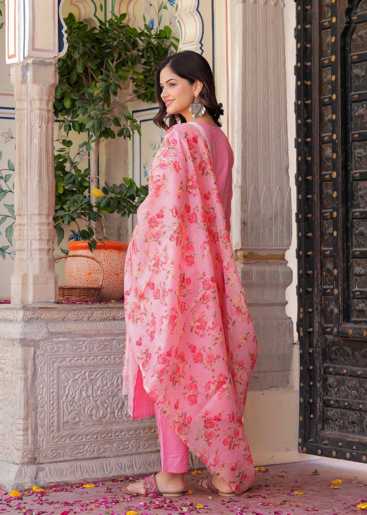 Peach Embroidered Katha Cotton Kurta Set with Dupatta