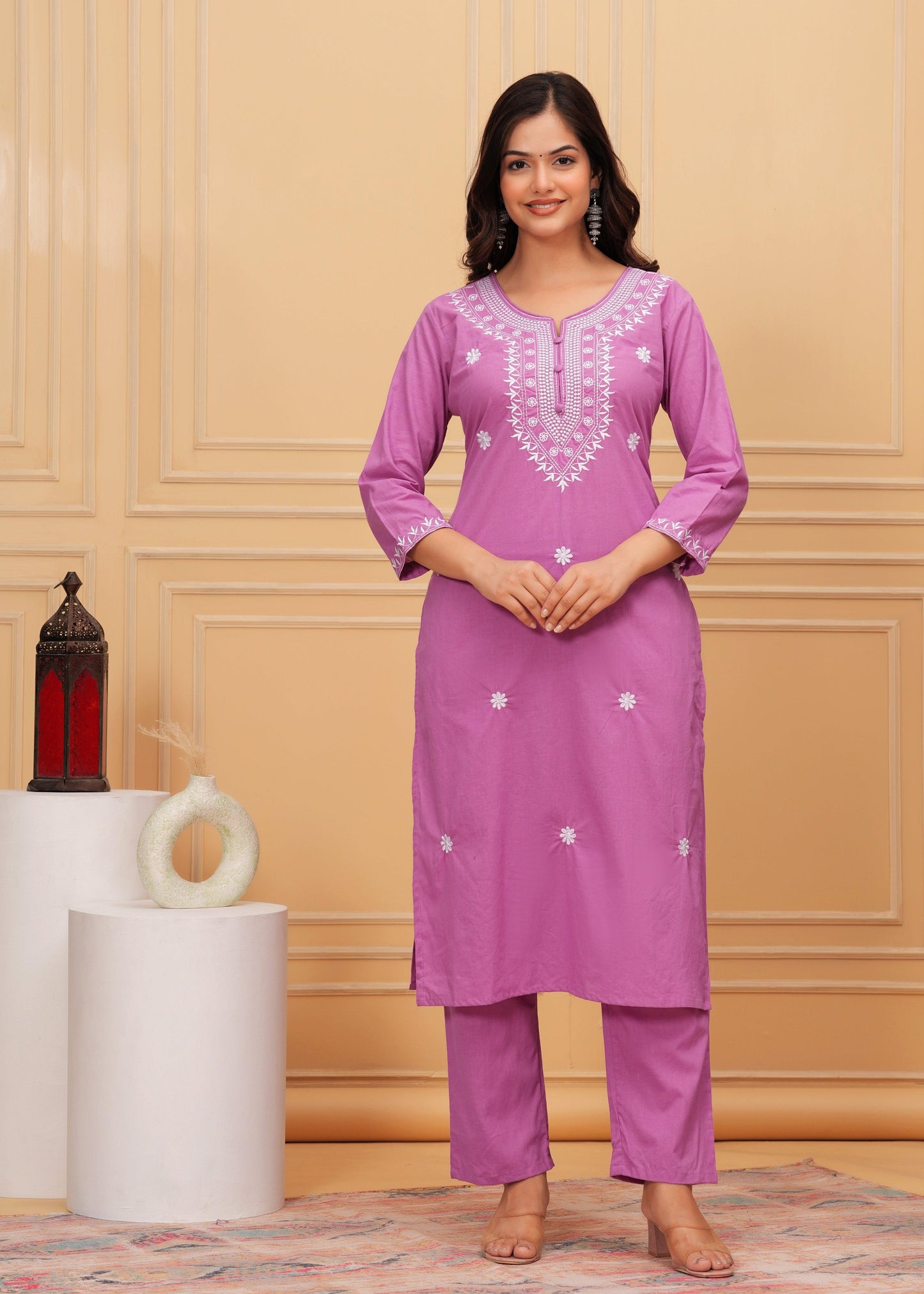 Lavender Embroidered Cotton Suit Set with Printed Mulmul Dupatta