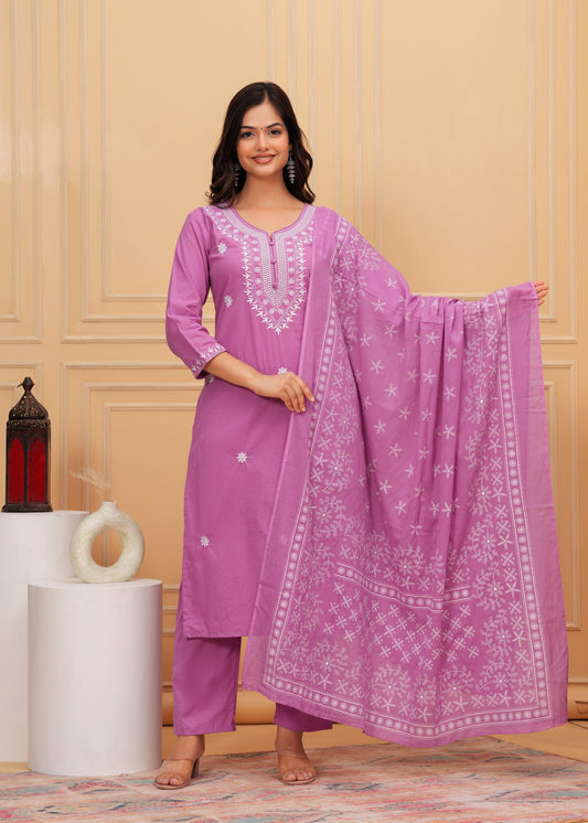 Lavender Embroidered Cotton Suit Set with Printed Mulmul Dupatta