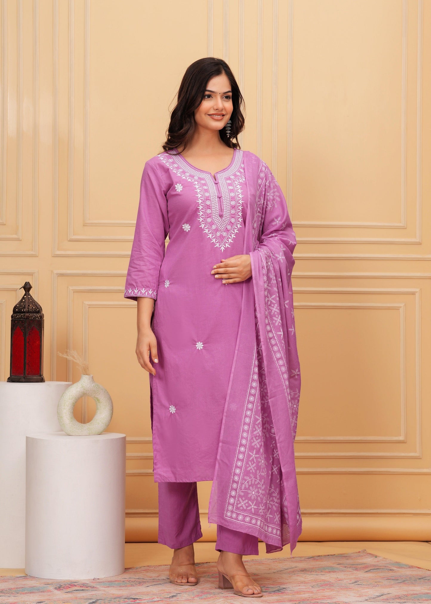 Lavender Embroidered Cotton Suit Set with Printed Mulmul Dupatta