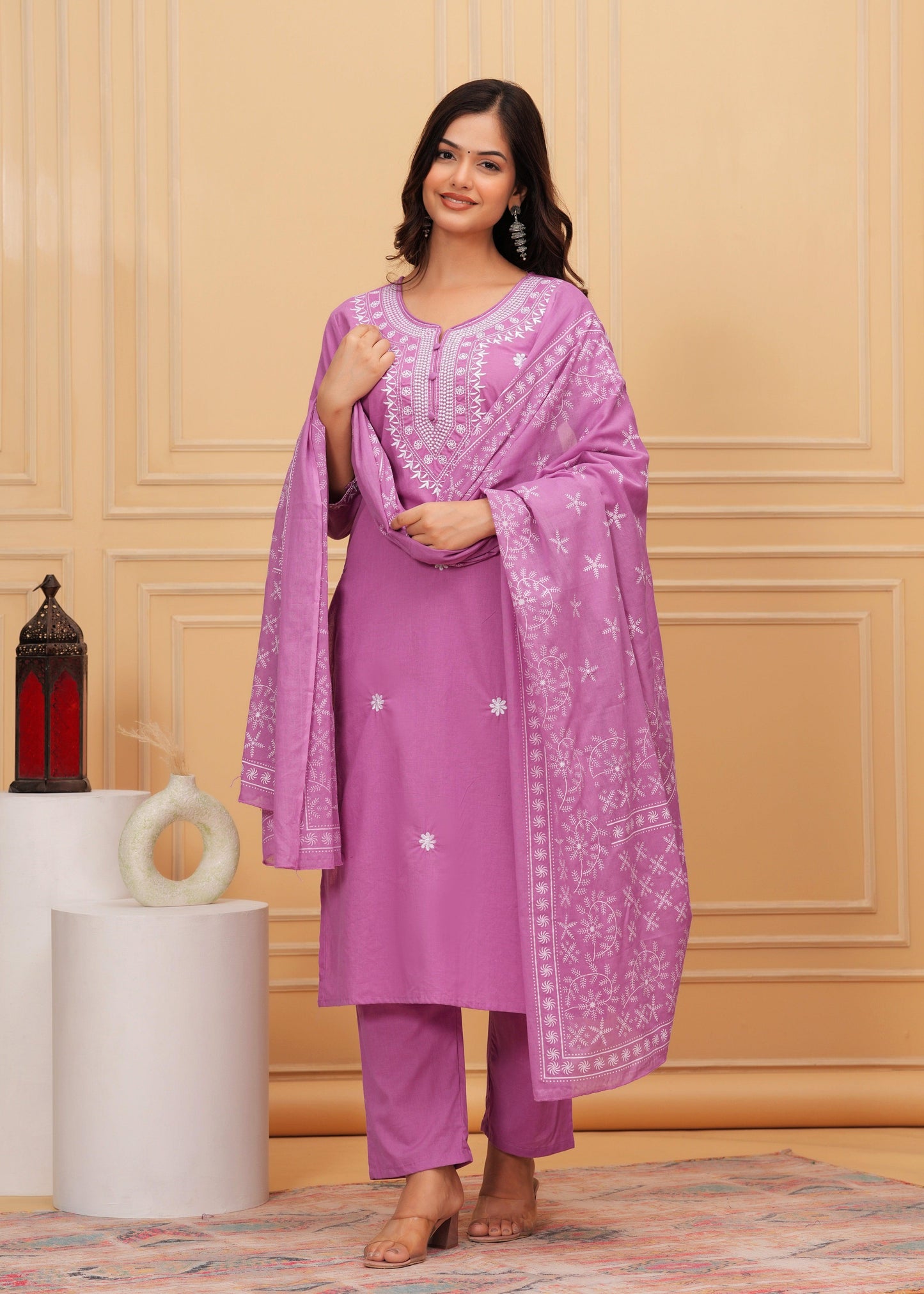 Lavender Embroidered Cotton Suit Set with Printed Mulmul Dupatta