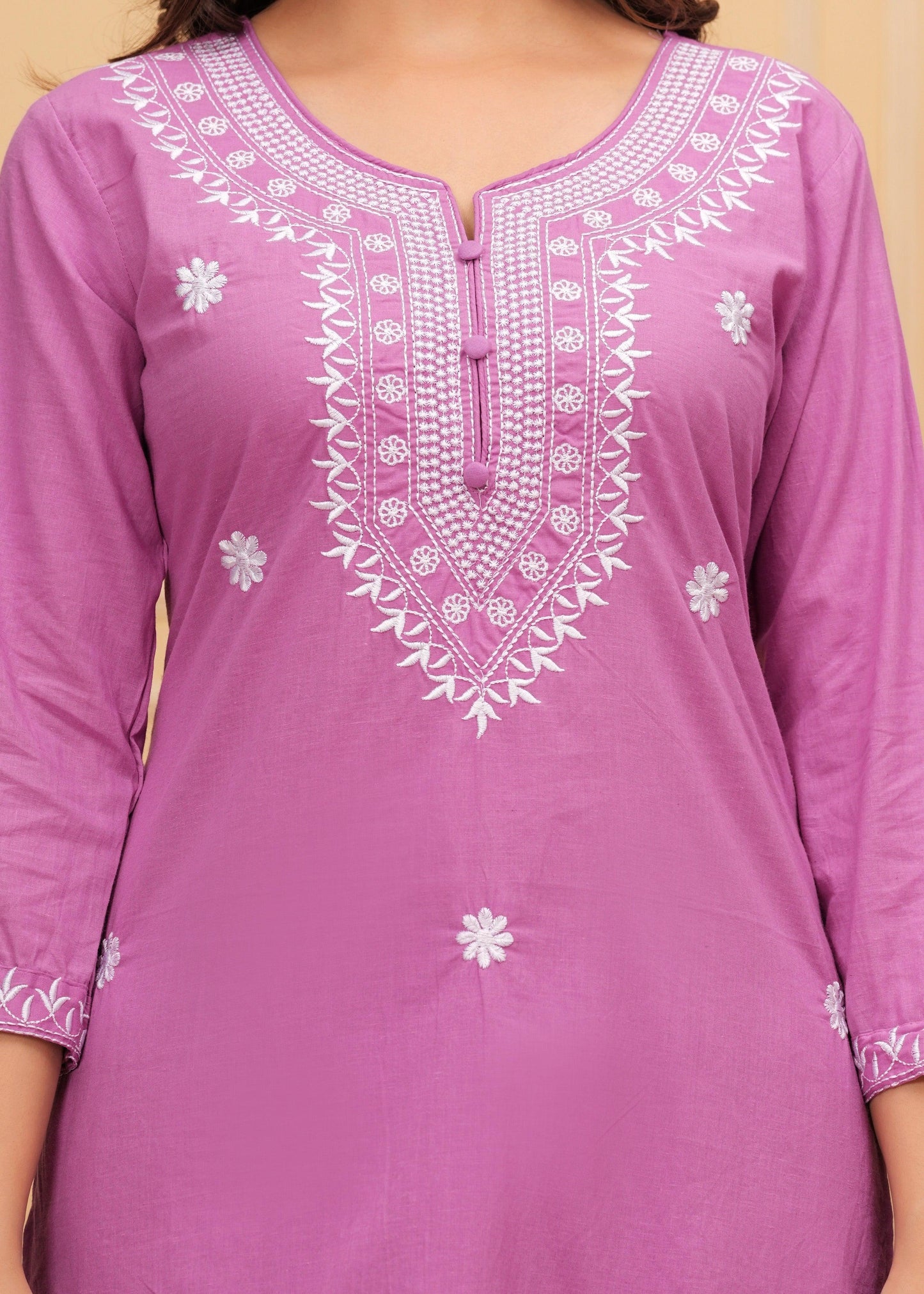 Lavender Embroidered Cotton Suit Set with Printed Mulmul Dupatta