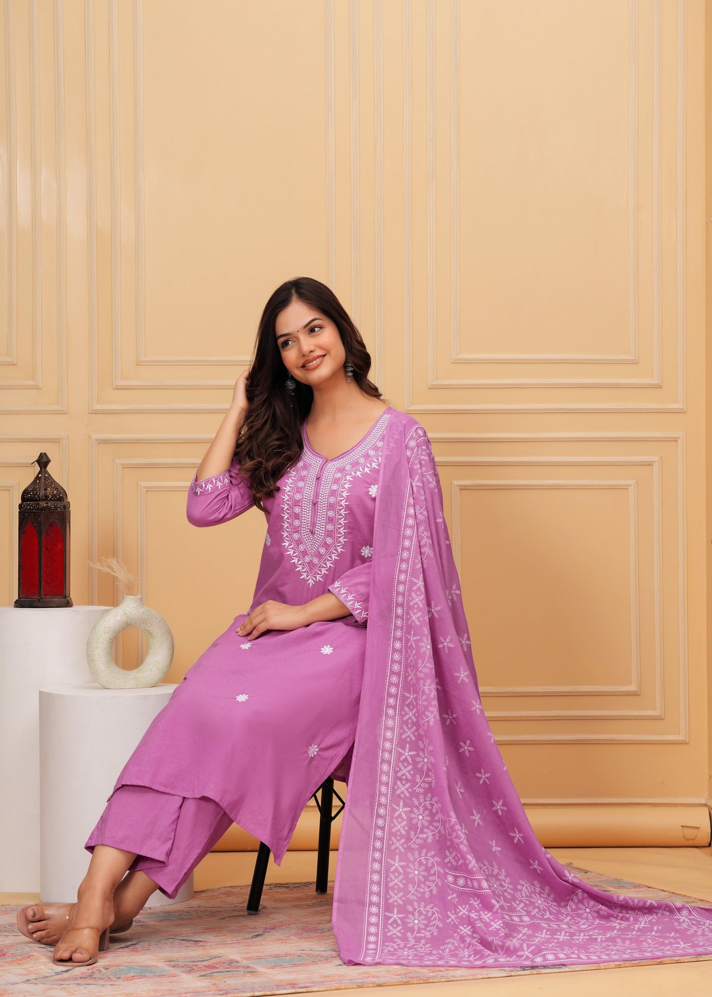 Lavender Embroidered Cotton Suit Set with Printed Mulmul Dupatta