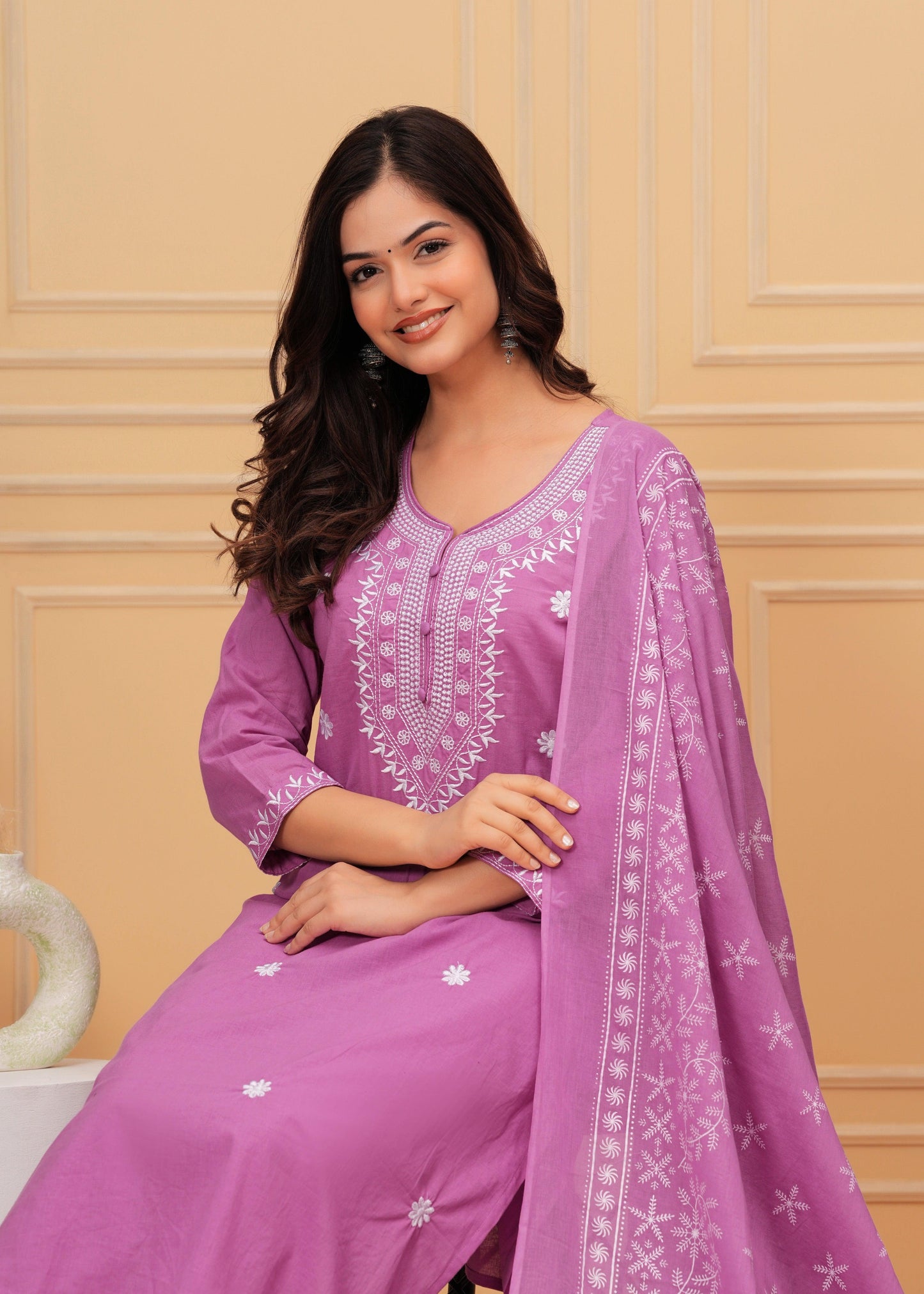 Lavender Embroidered Cotton Suit Set with Printed Mulmul Dupatta