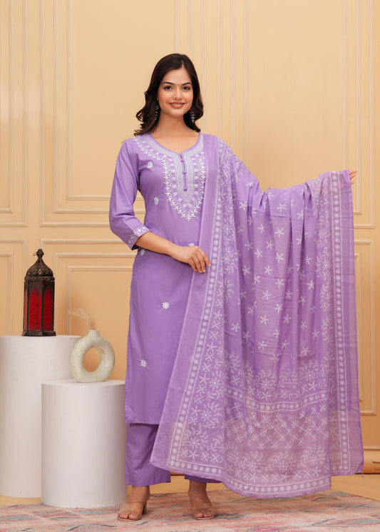 Purple Embroidered Cotton Suit Set with Printed Mulmul Dupatta