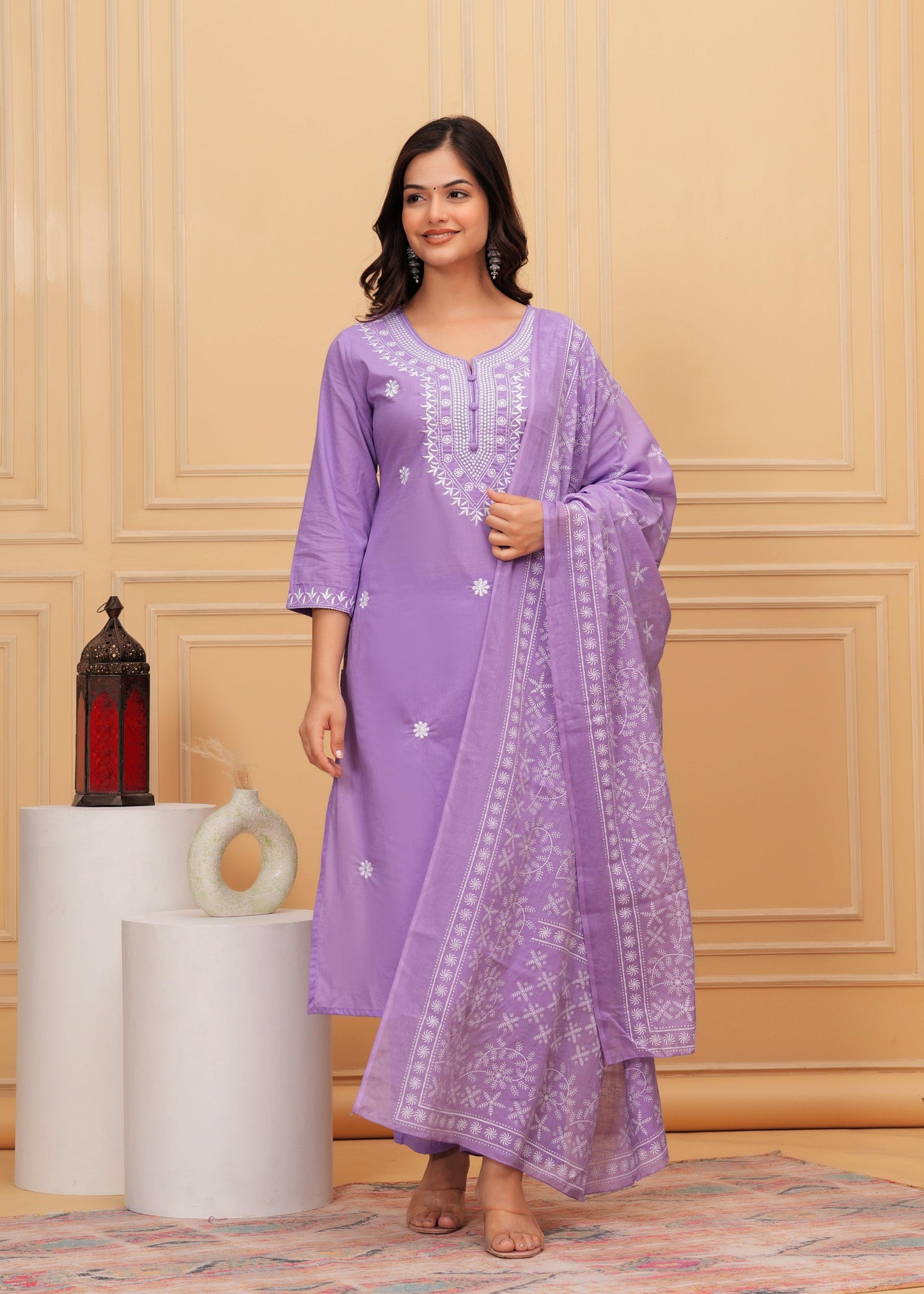 Purple Embroidered Cotton Suit Set with Printed Mulmul Dupatta