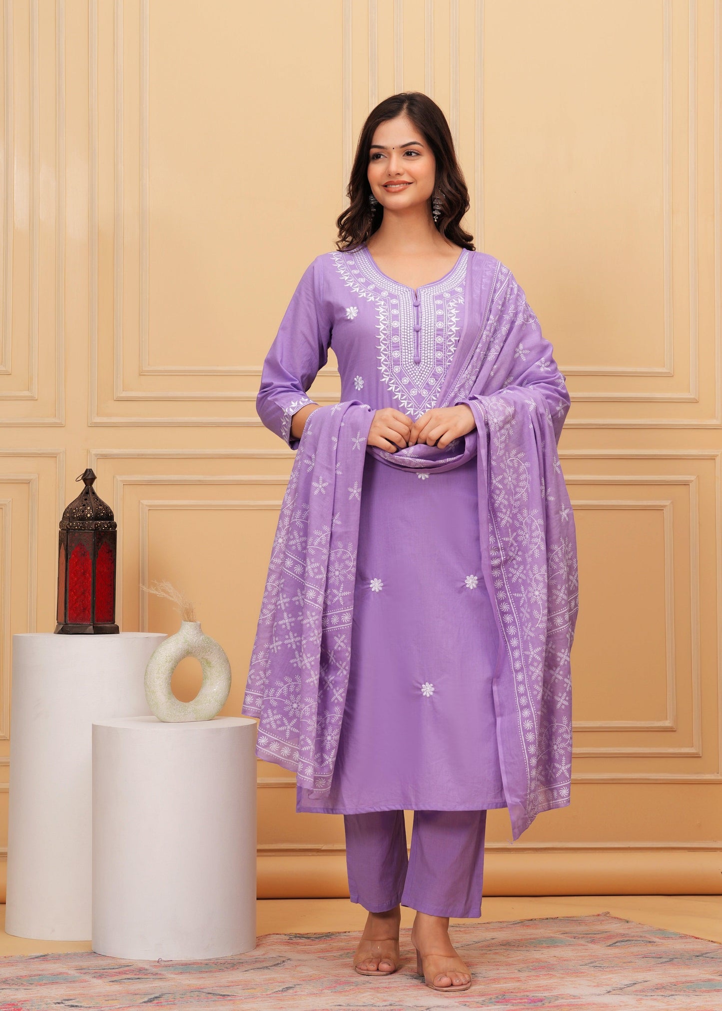 Purple Embroidered Cotton Suit Set with Printed Mulmul Dupatta