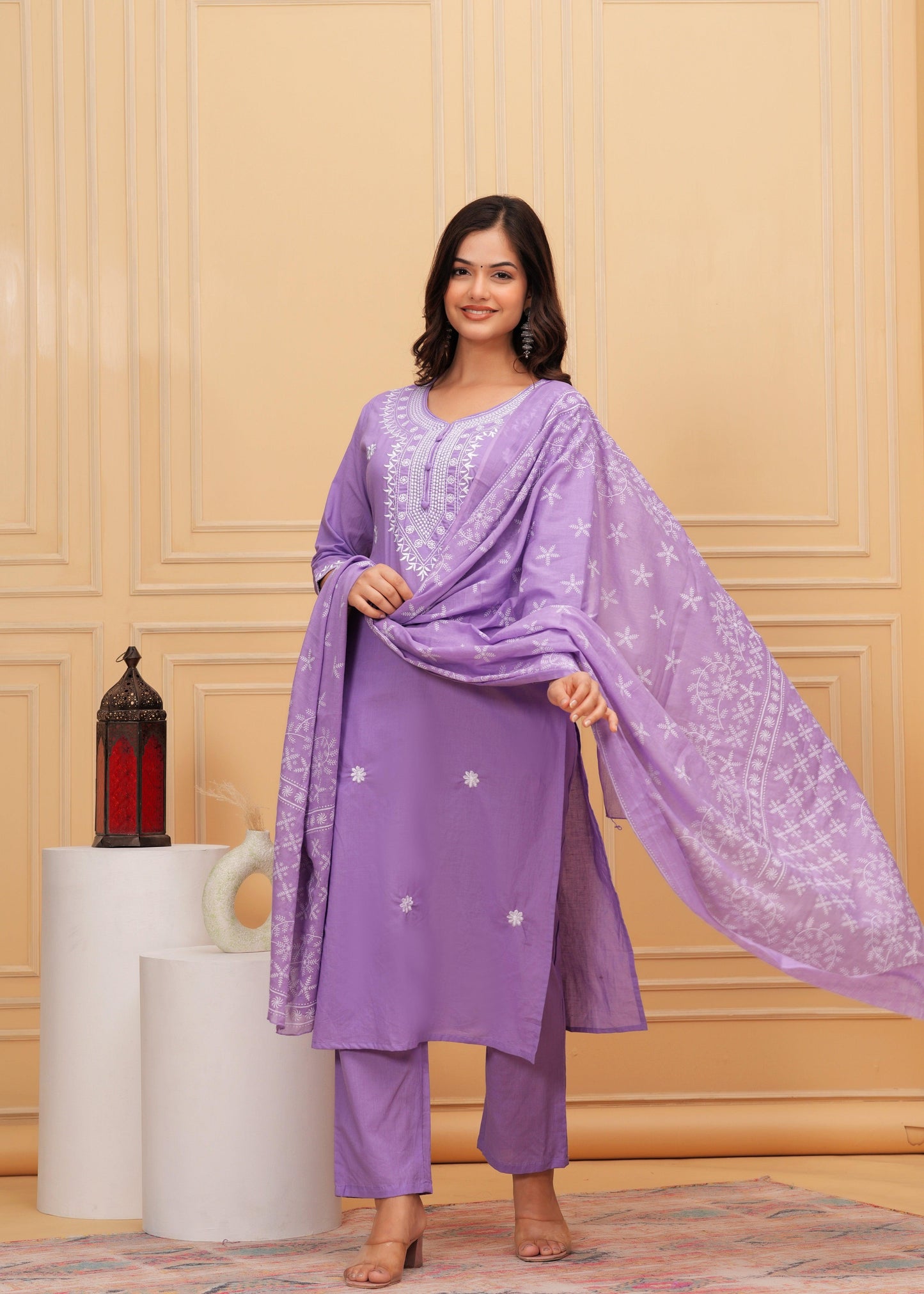 Purple Embroidered Cotton Suit Set with Printed Mulmul Dupatta