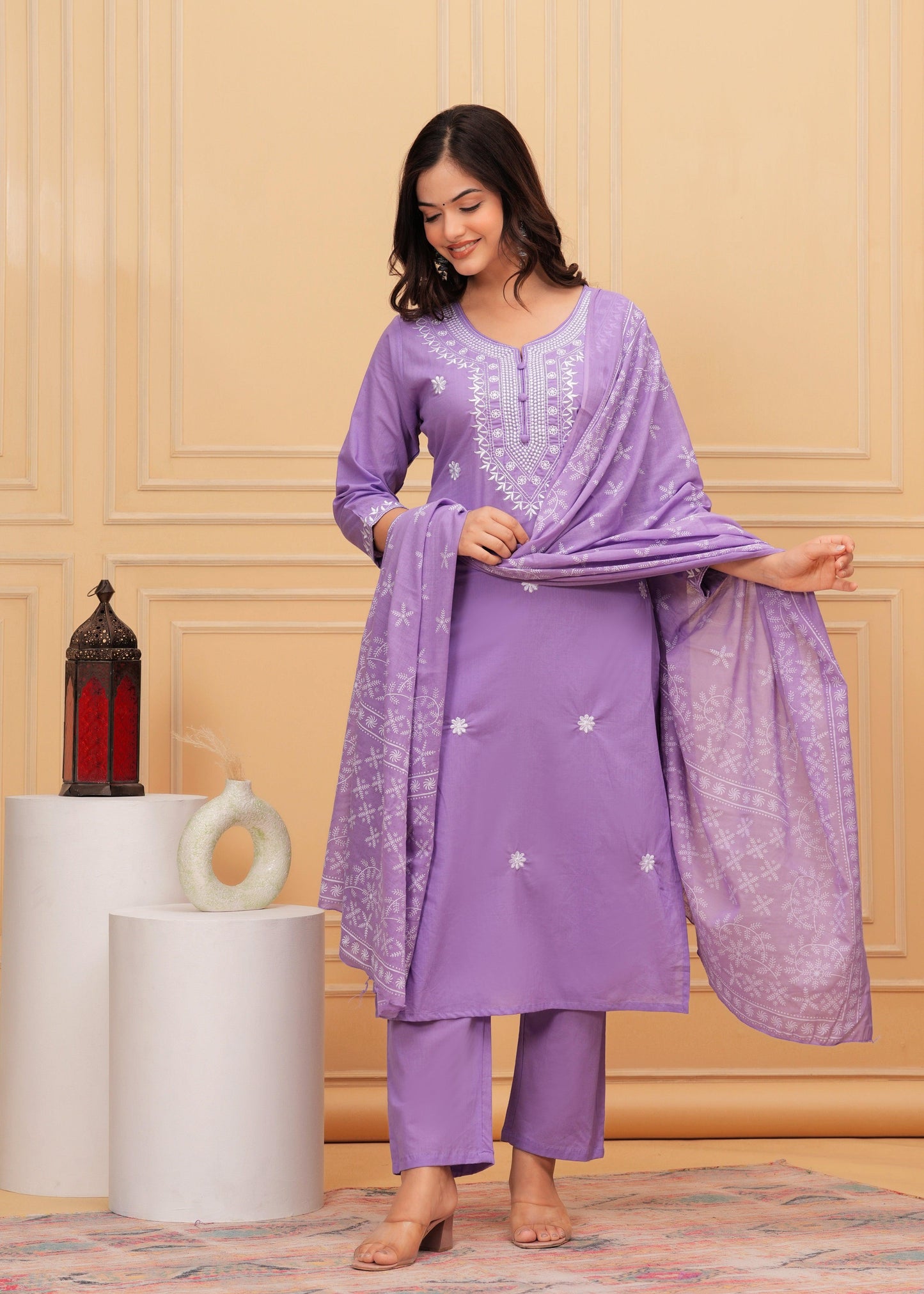 Purple Embroidered Cotton Suit Set with Printed Mulmul Dupatta