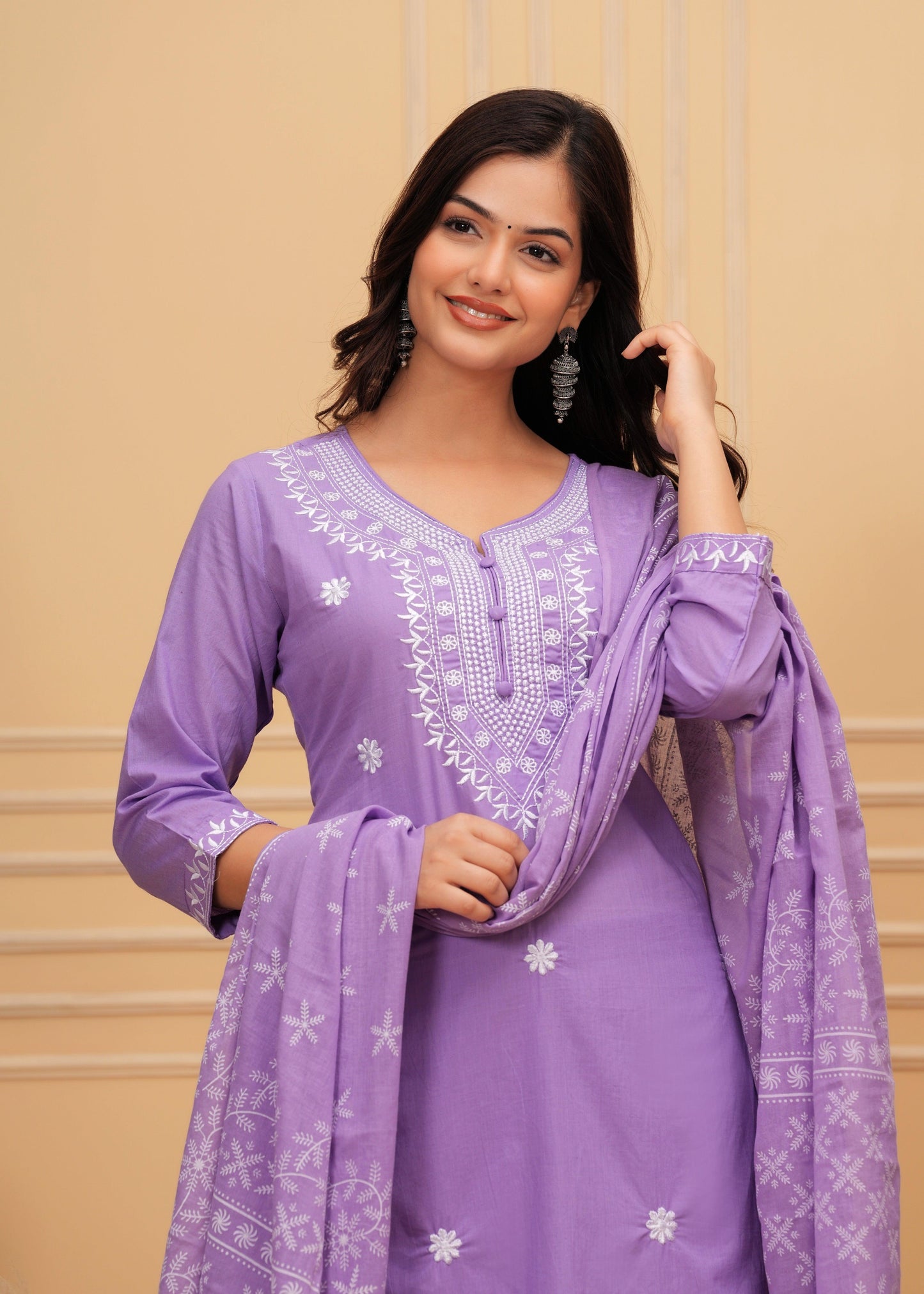 Purple Embroidered Cotton Suit Set with Printed Mulmul Dupatta