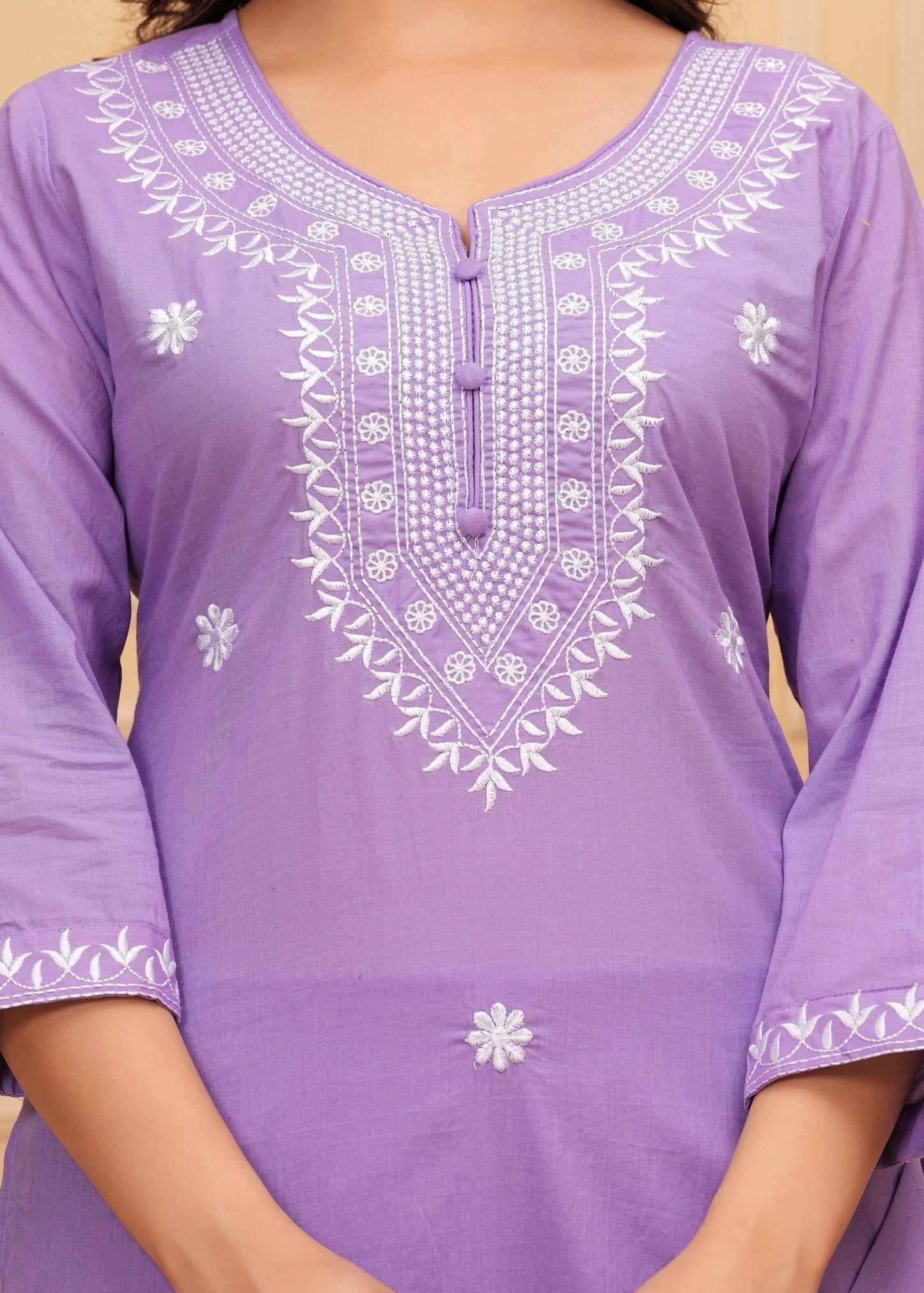 Purple Embroidered Cotton Suit Set with Printed Mulmul Dupatta