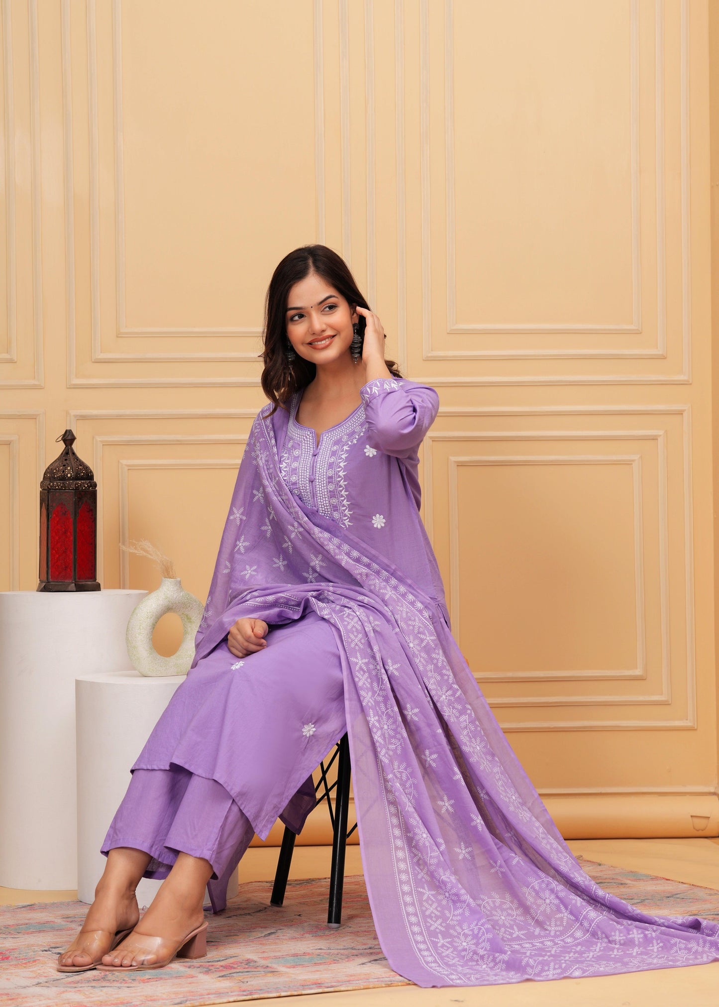 Purple Embroidered Cotton Suit Set with Printed Mulmul Dupatta