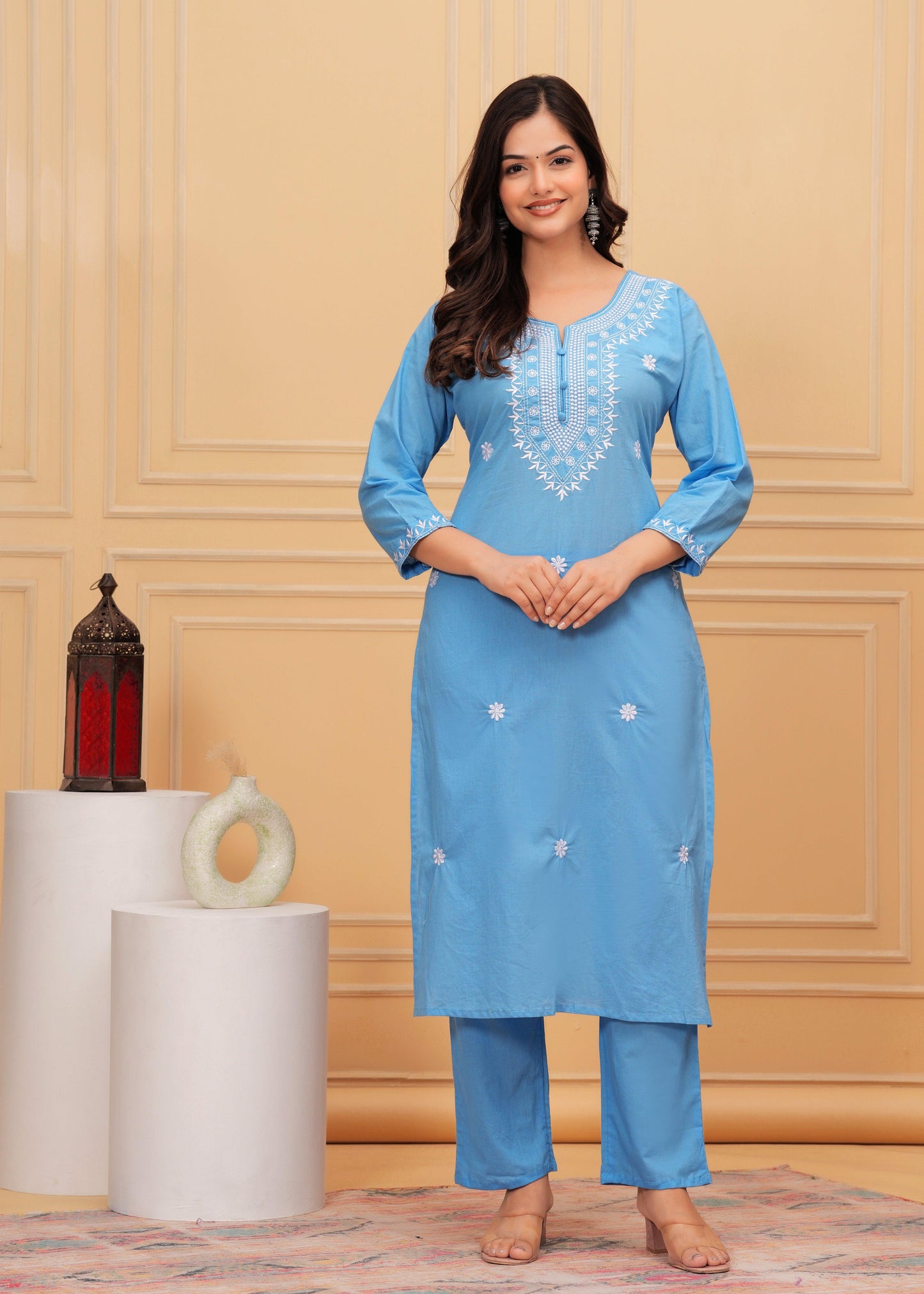 Glacier Embroidered Cotton Suit Set with Printed Mulmul Dupatta