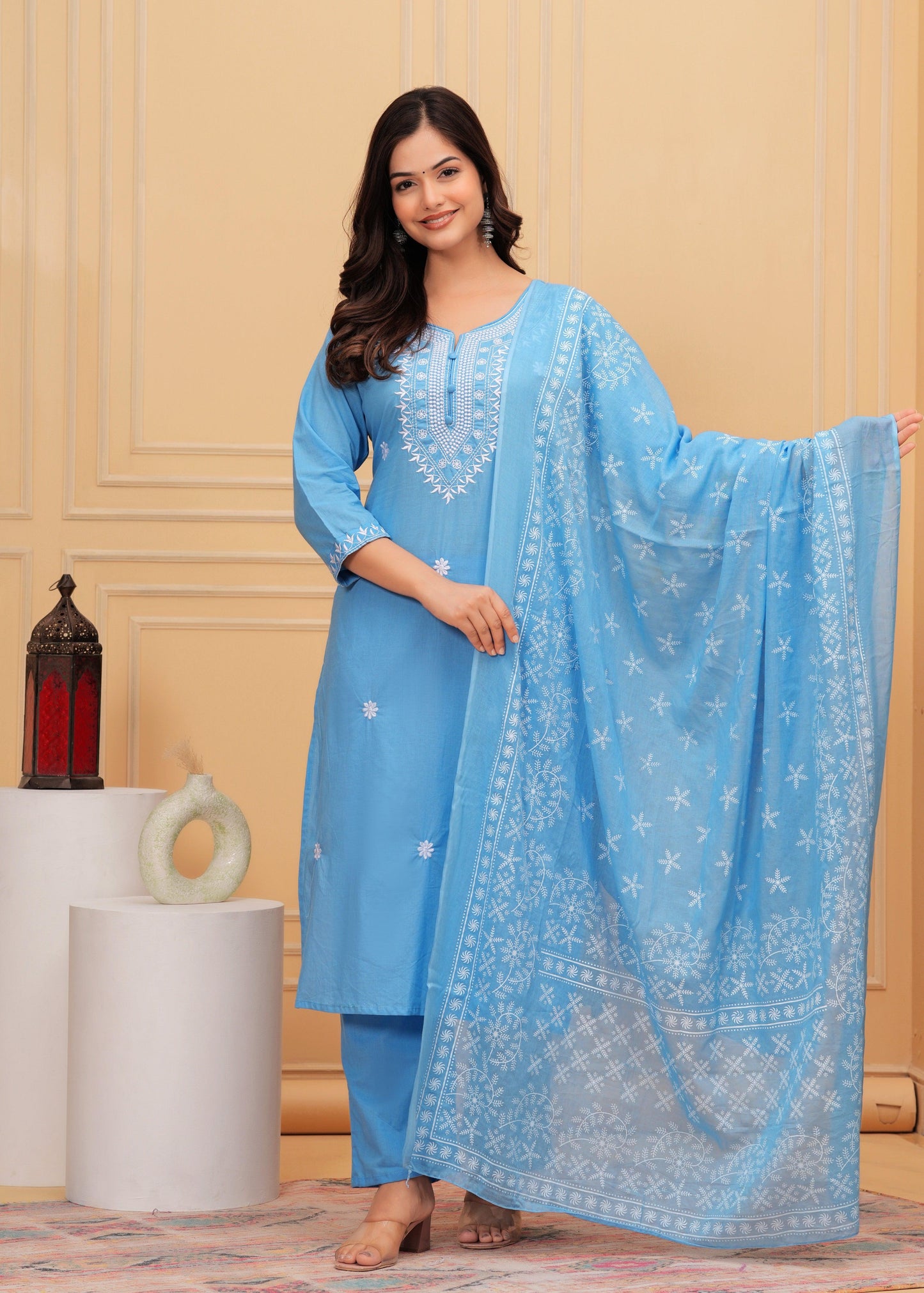 Glacier Embroidered Cotton Suit Set with Printed Mulmul Dupatta