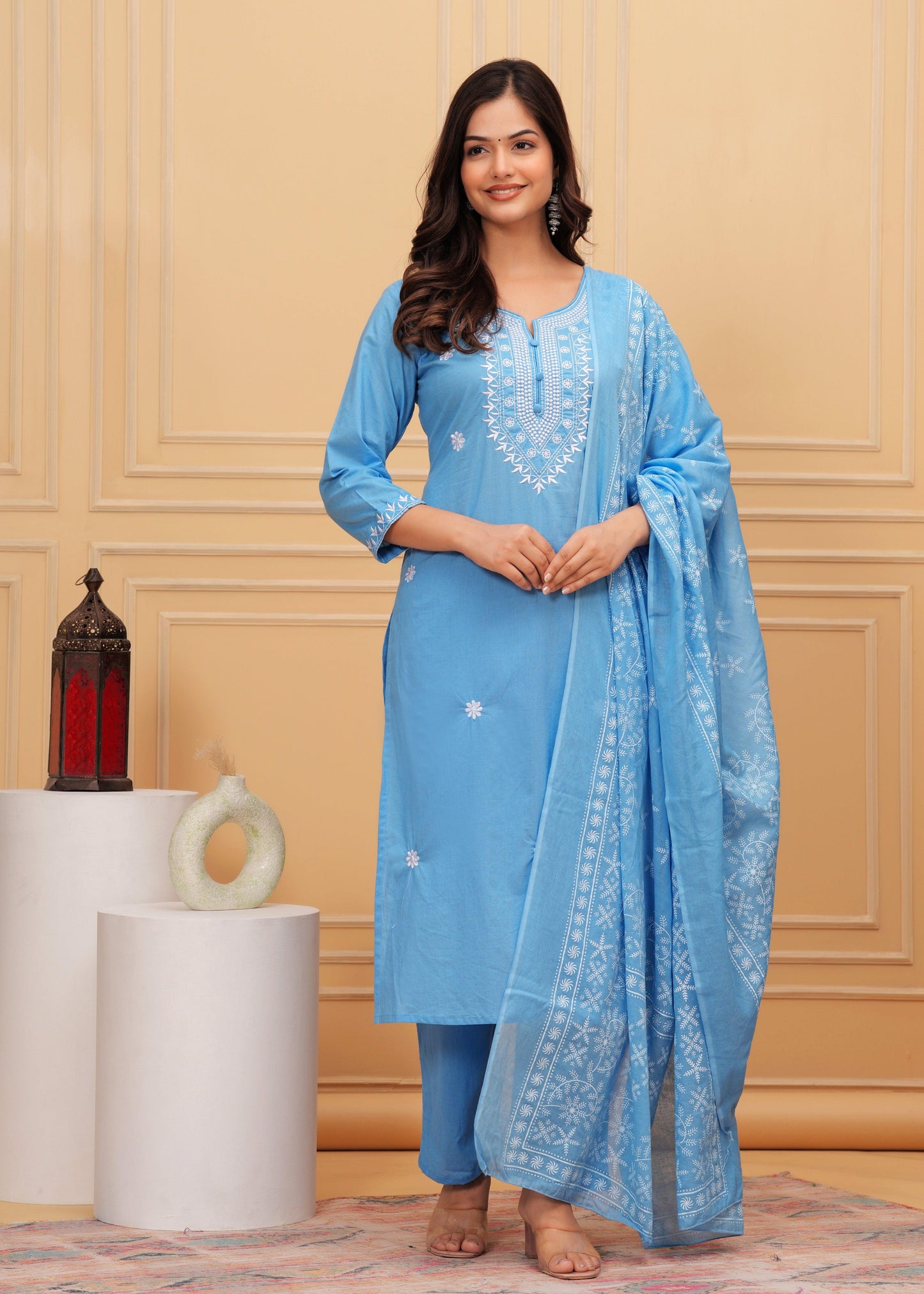 Glacier Embroidered Cotton Suit Set with Printed Mulmul Dupatta