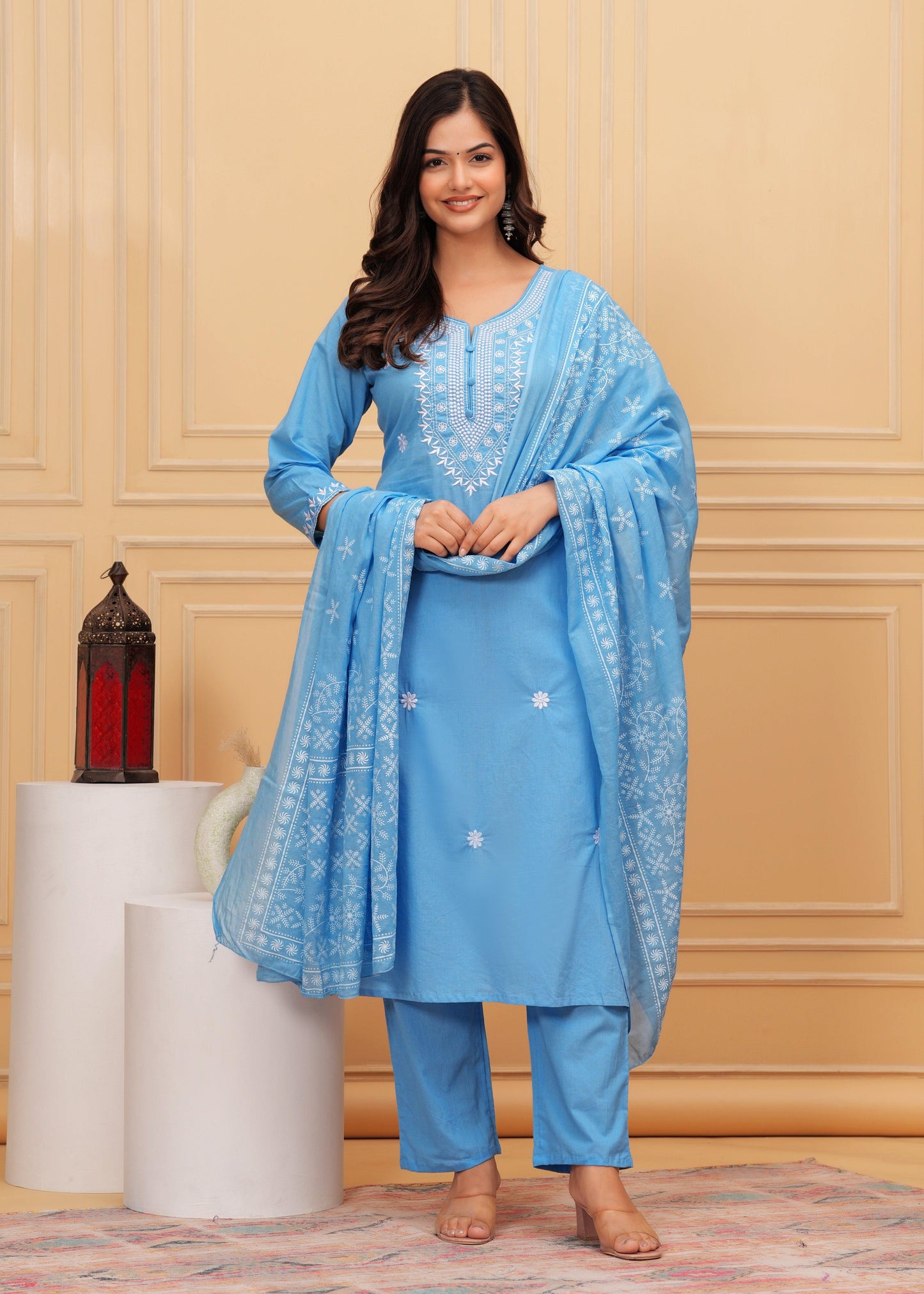 Glacier Embroidered Cotton Suit Set with Printed Mulmul Dupatta