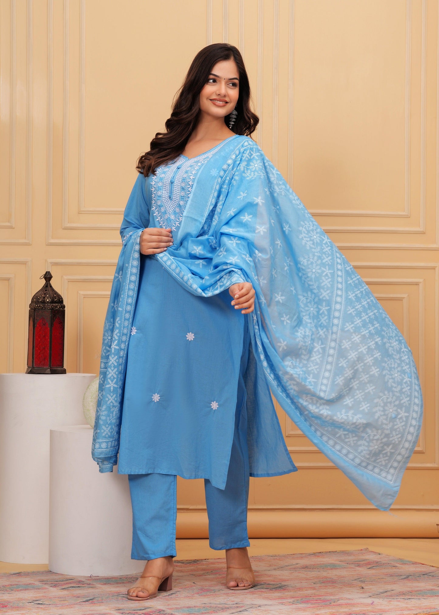 Glacier Embroidered Cotton Suit Set with Printed Mulmul Dupatta