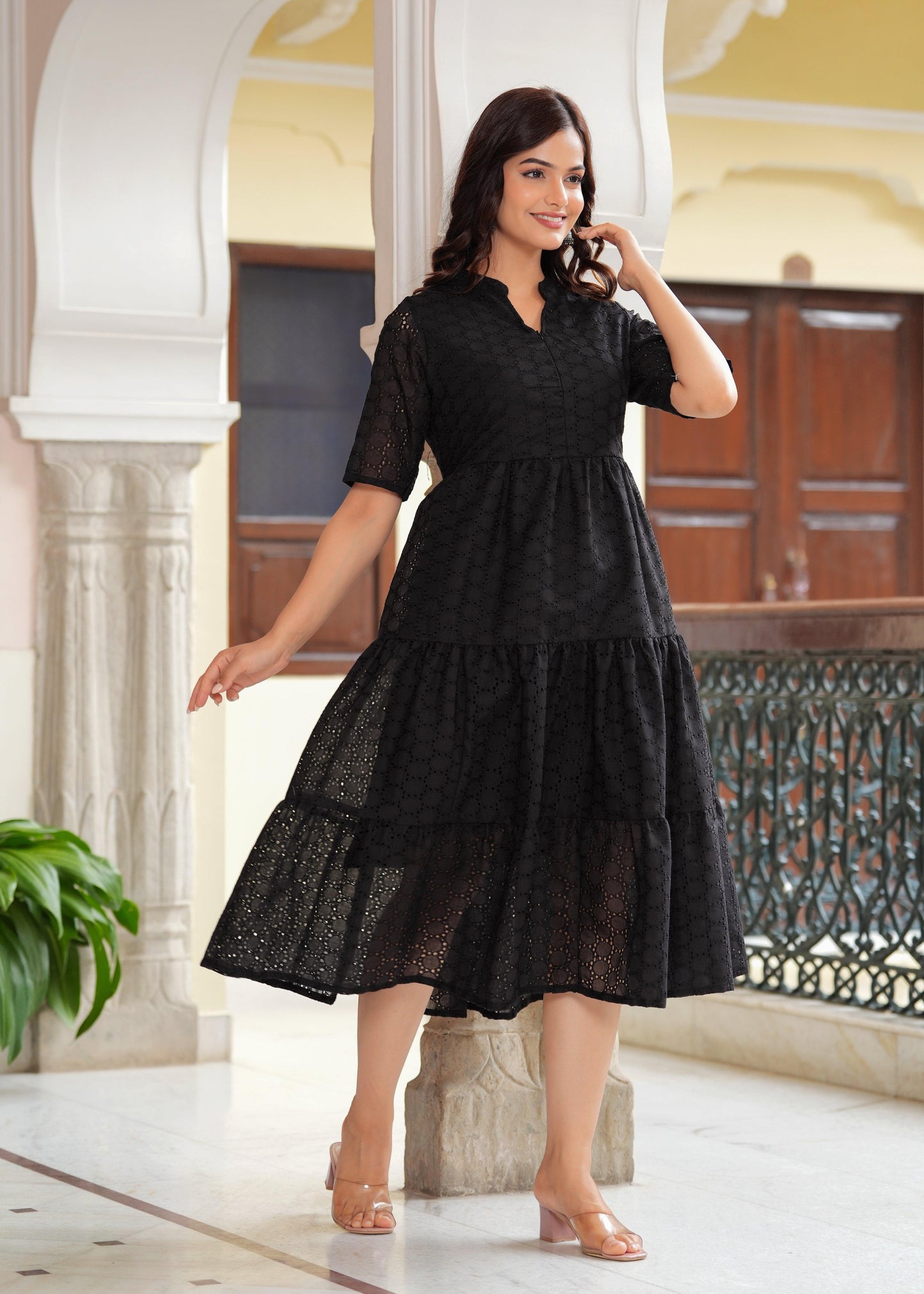 Black Cotton Schiffli Flared Dress