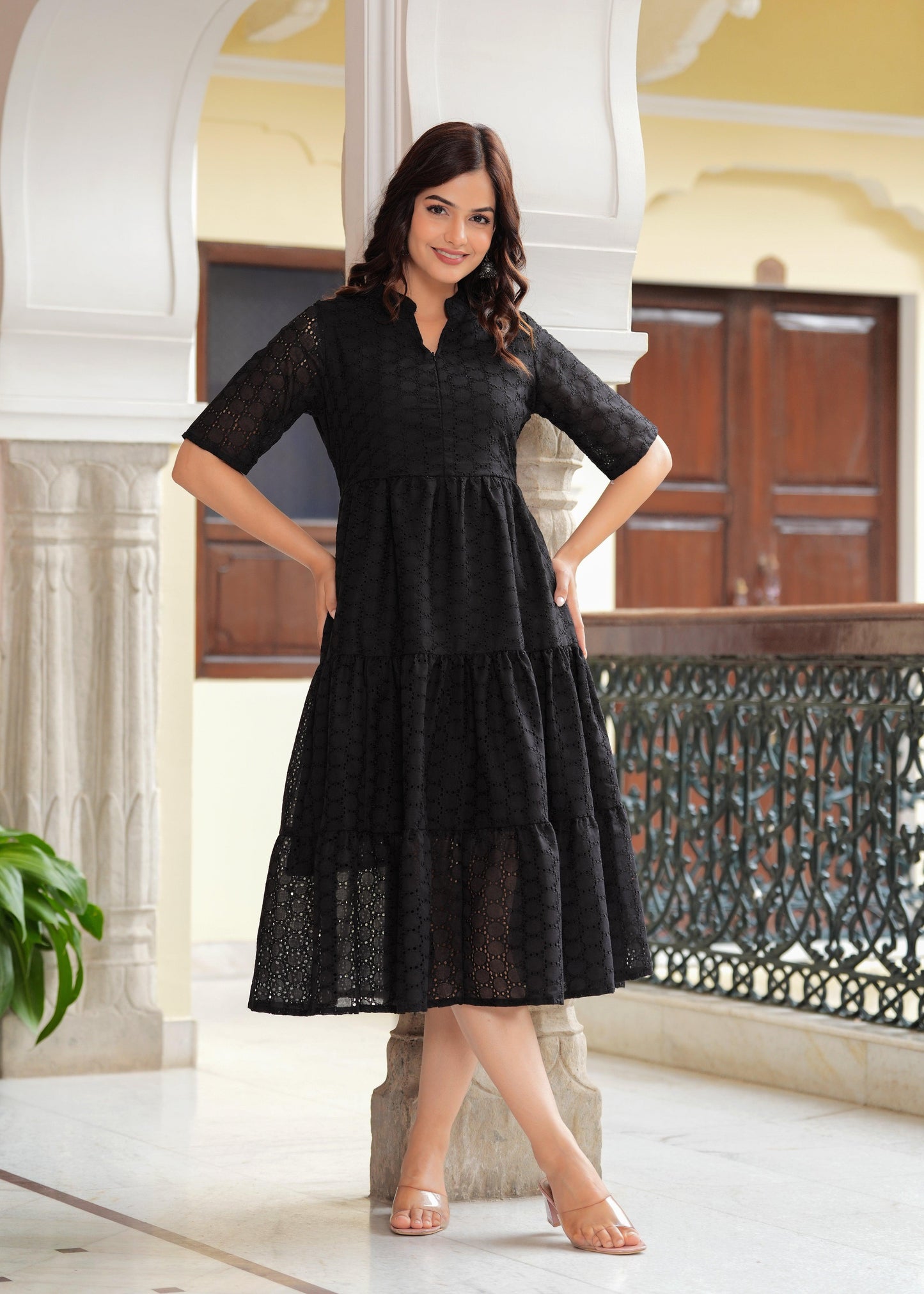 Black Cotton Schiffli Flared Dress