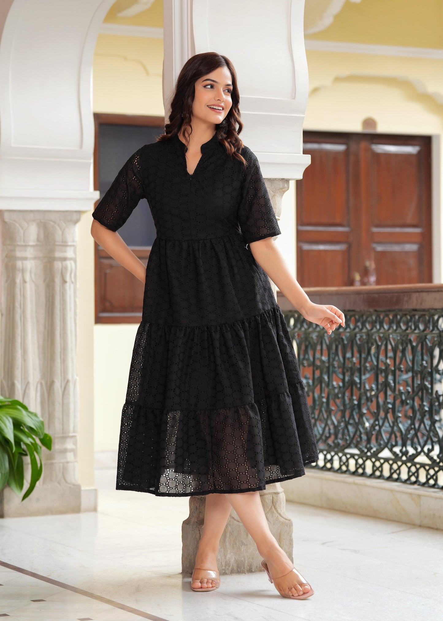 Black Cotton Schiffli Flared Dress