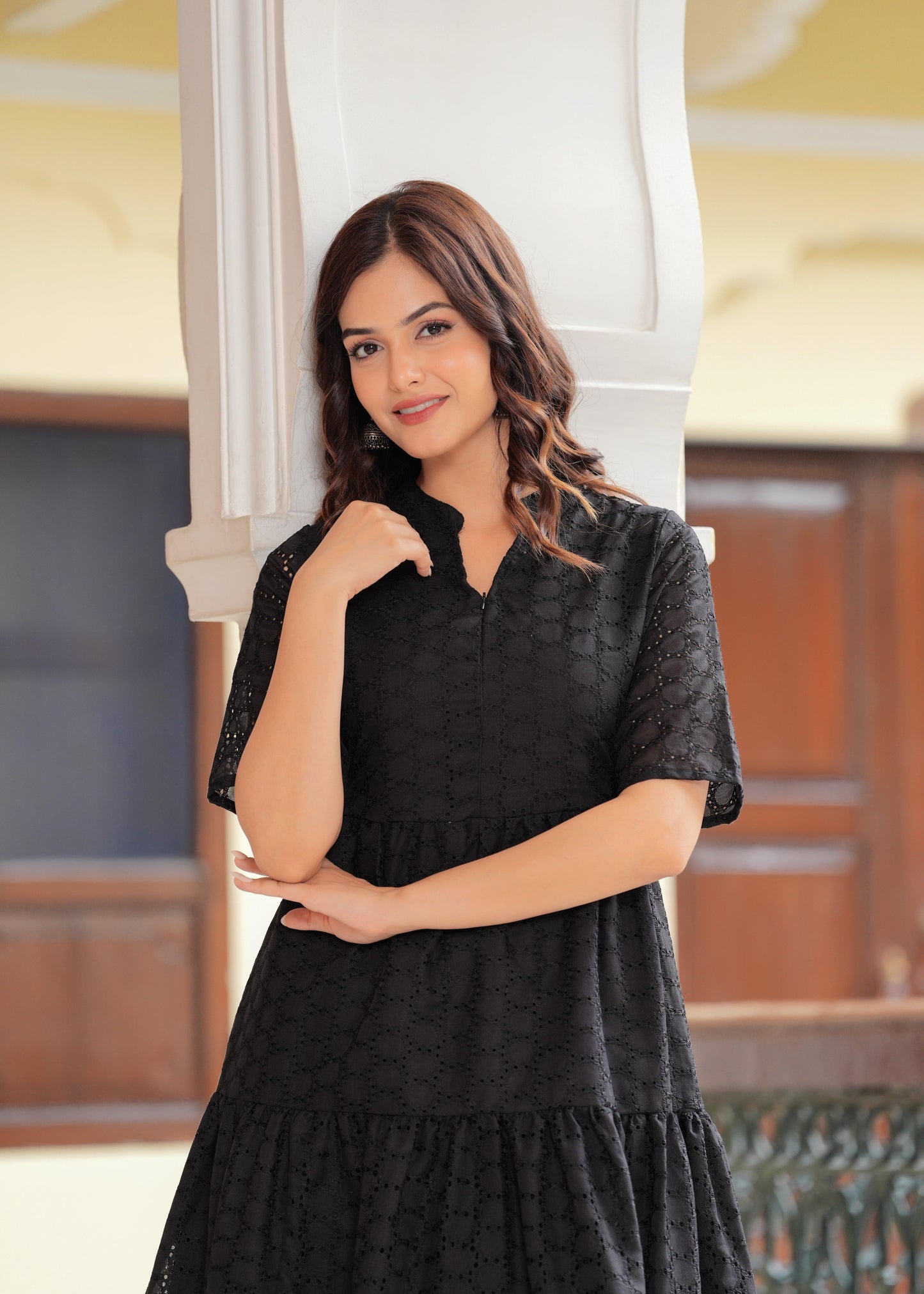 Black Cotton Schiffli Flared Dress