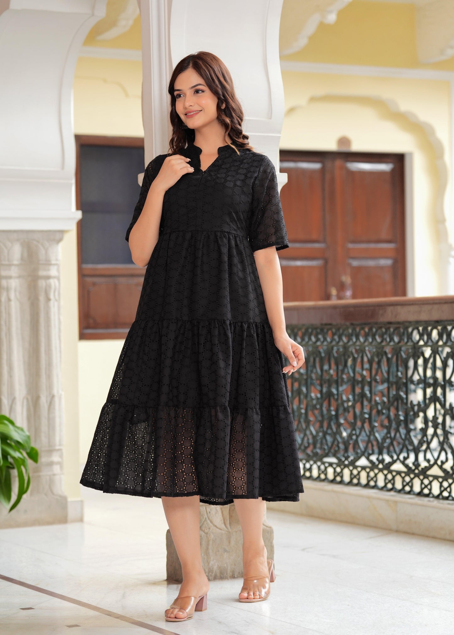 Black Cotton Schiffli Flared Dress