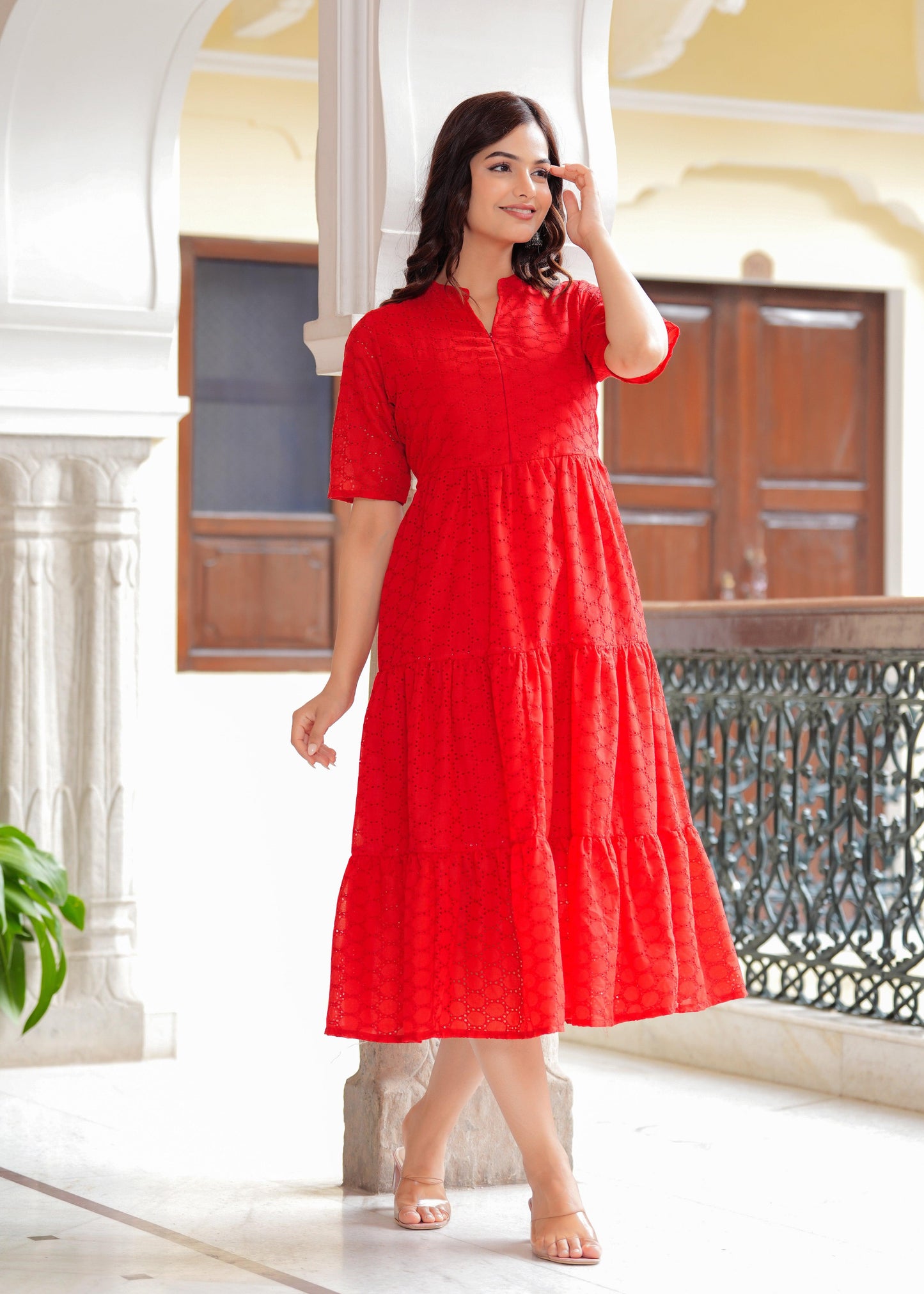 Red Cotton Schiffli Flared Dress