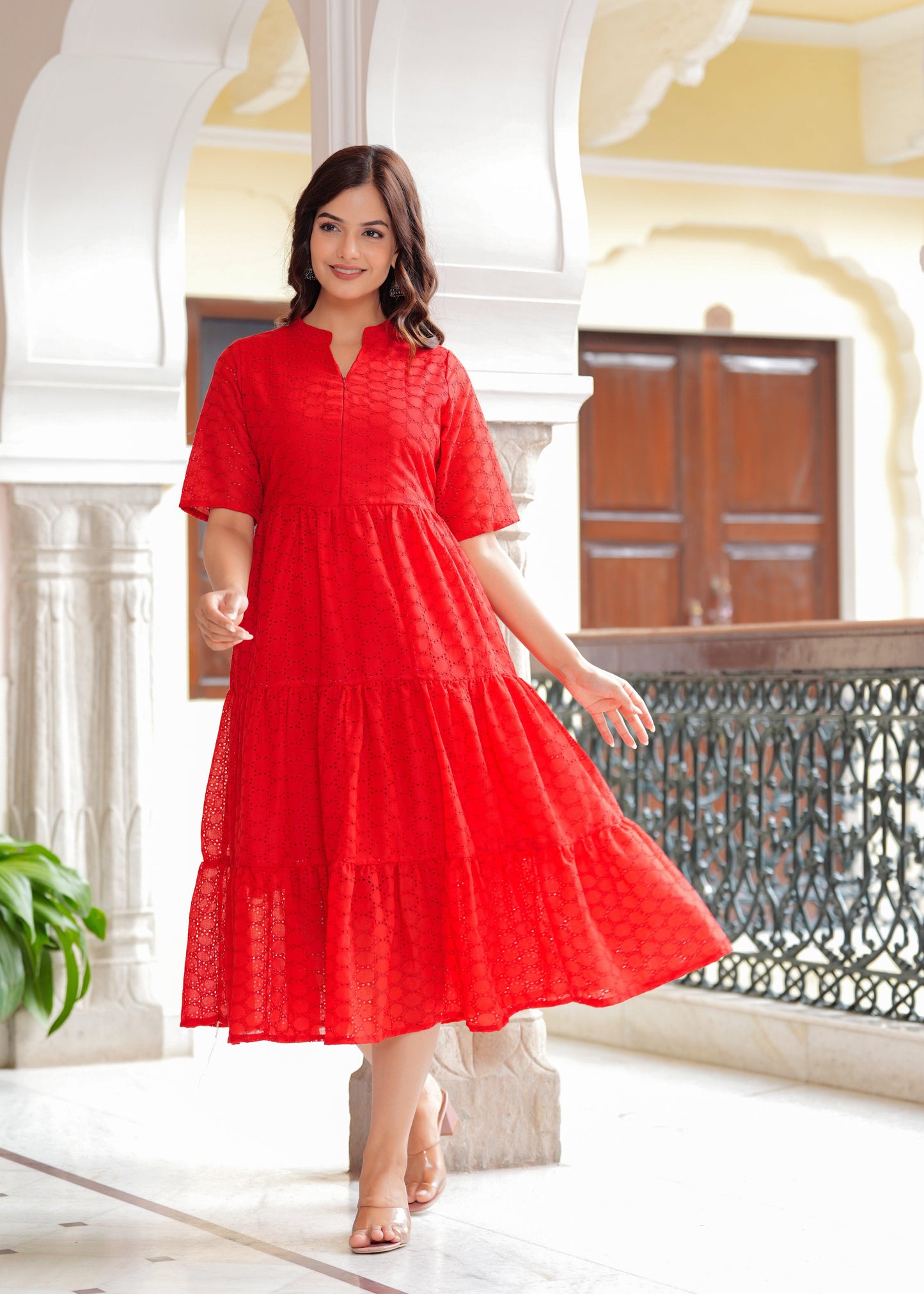 Red Cotton Schiffli Flared Dress