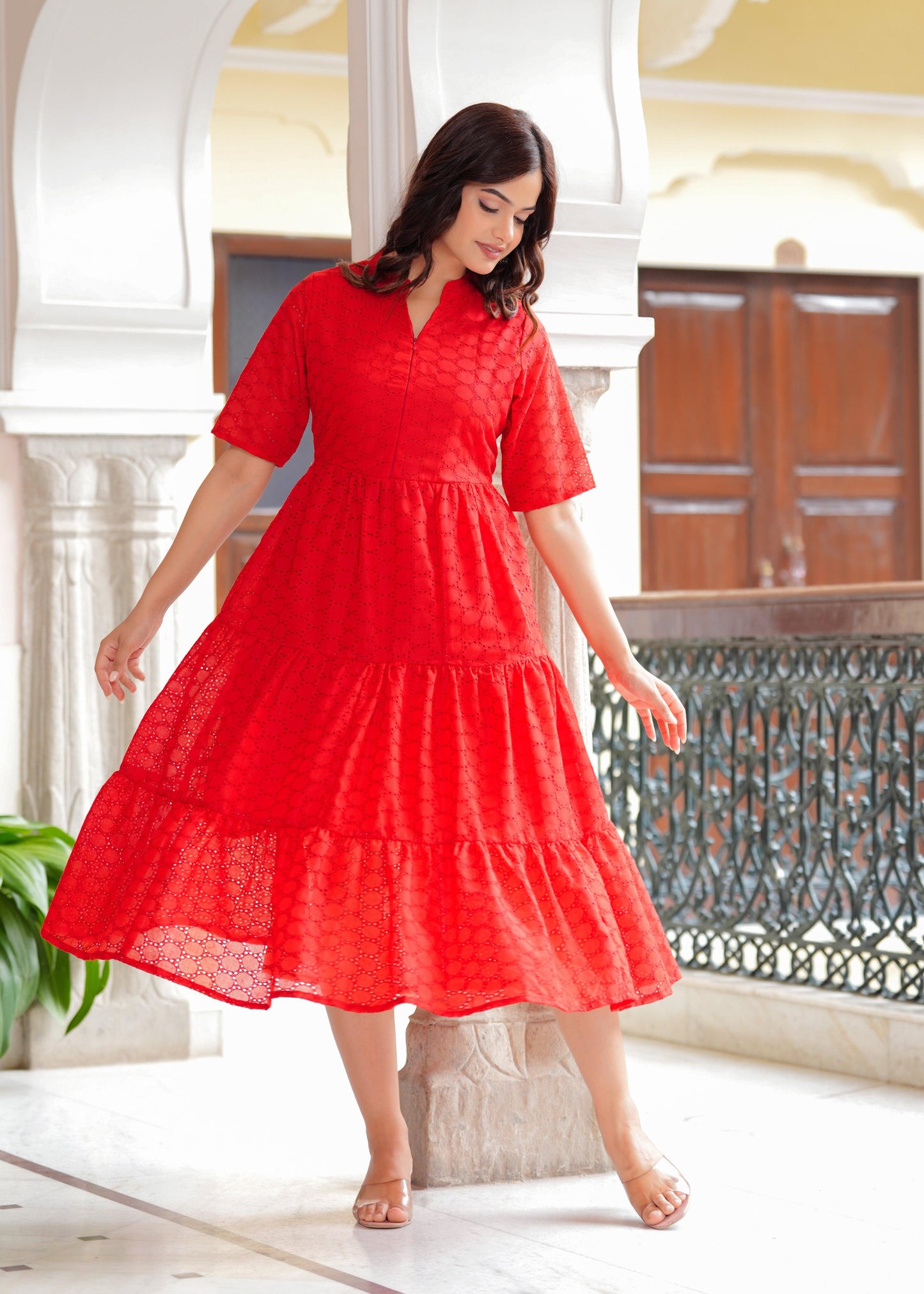 Red Cotton Schiffli Flared Dress