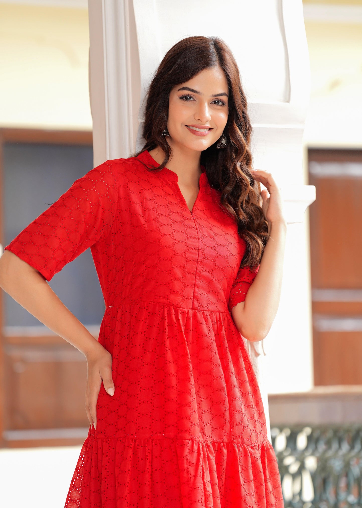 Red Cotton Schiffli Flared Dress