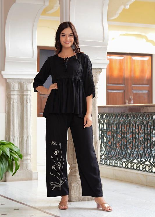 Black Embroidered Viscose Rayon Co-Ord Set