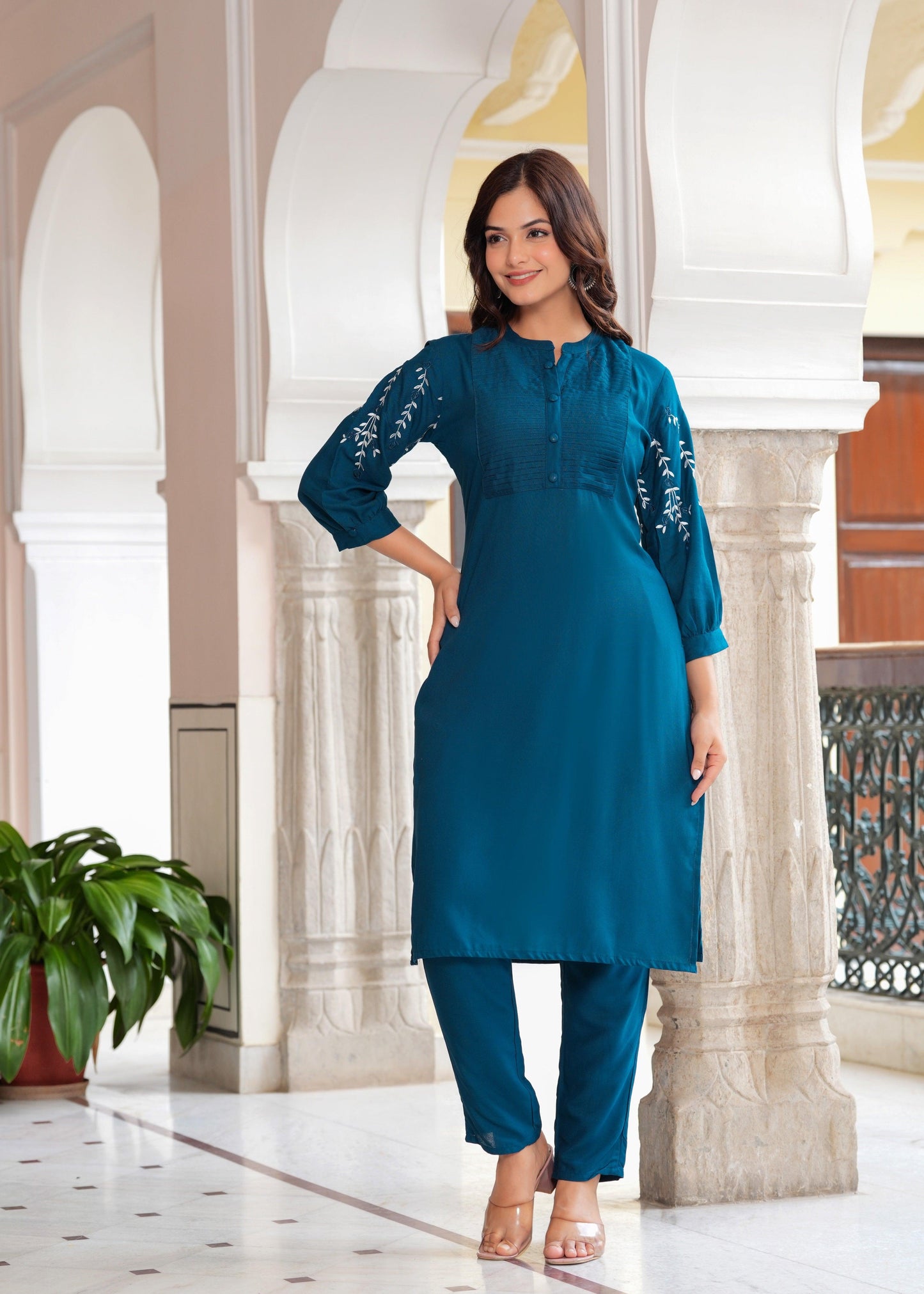 Embroidered Rayon Kurta and Pant Set