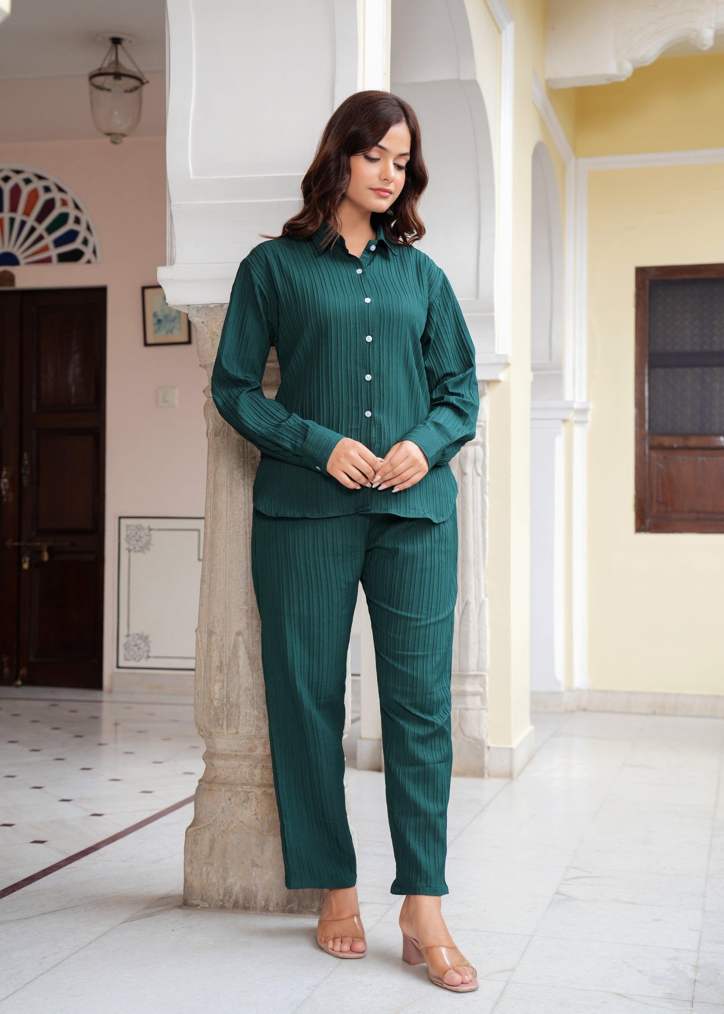 Beetle Green Textured Microfiber Co-Ord Set